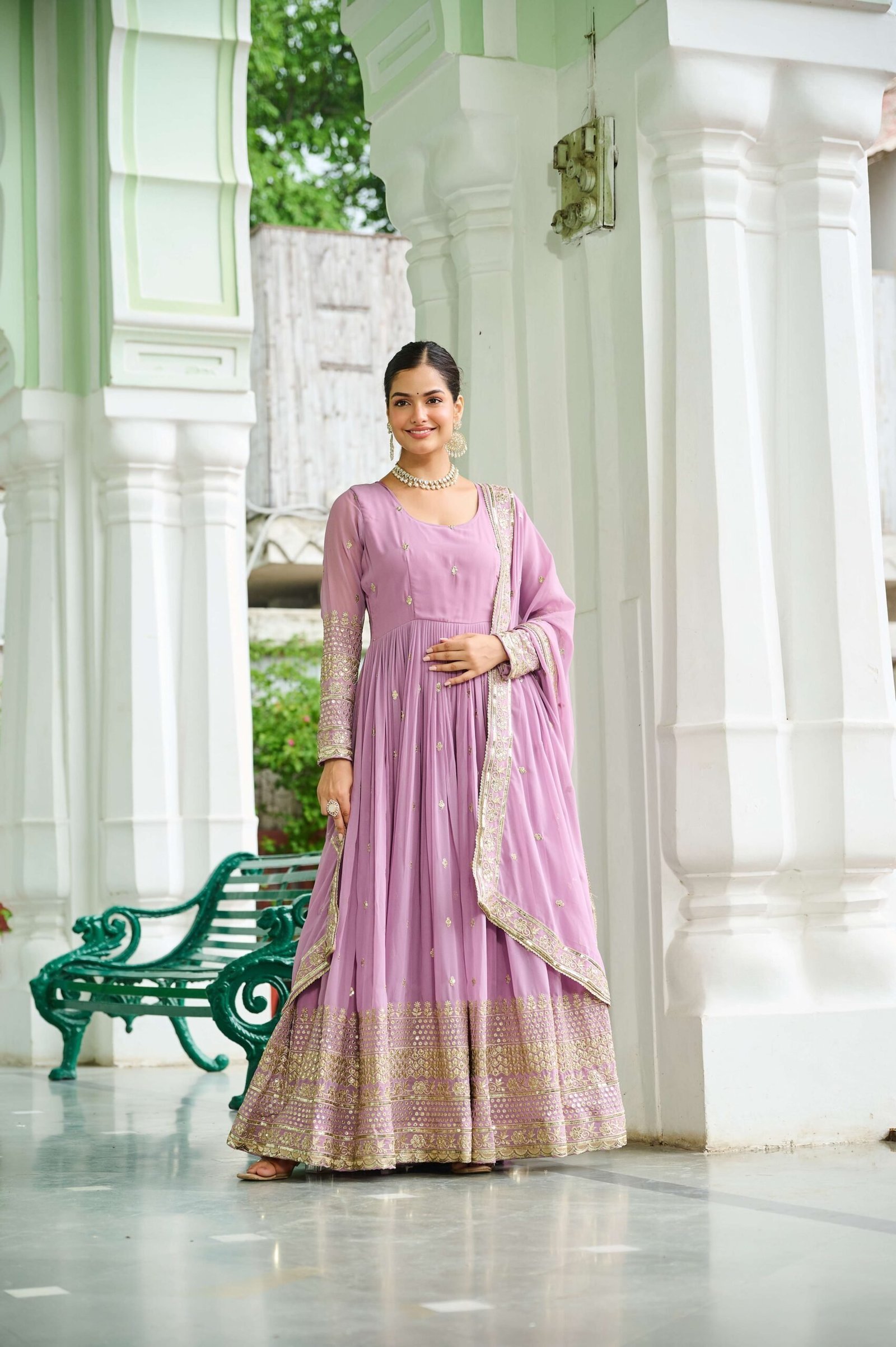 Pink Designer Faux Georgette Gown with Dupatta ? Embroidered & Sequins Work Ethnic Set for Women