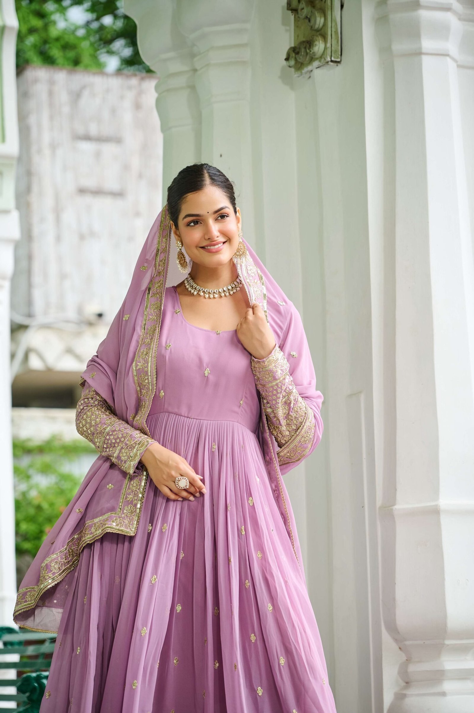 Pink Designer Faux Georgette Gown with Dupatta ? Embroidered & Sequins Work Ethnic Set for Women