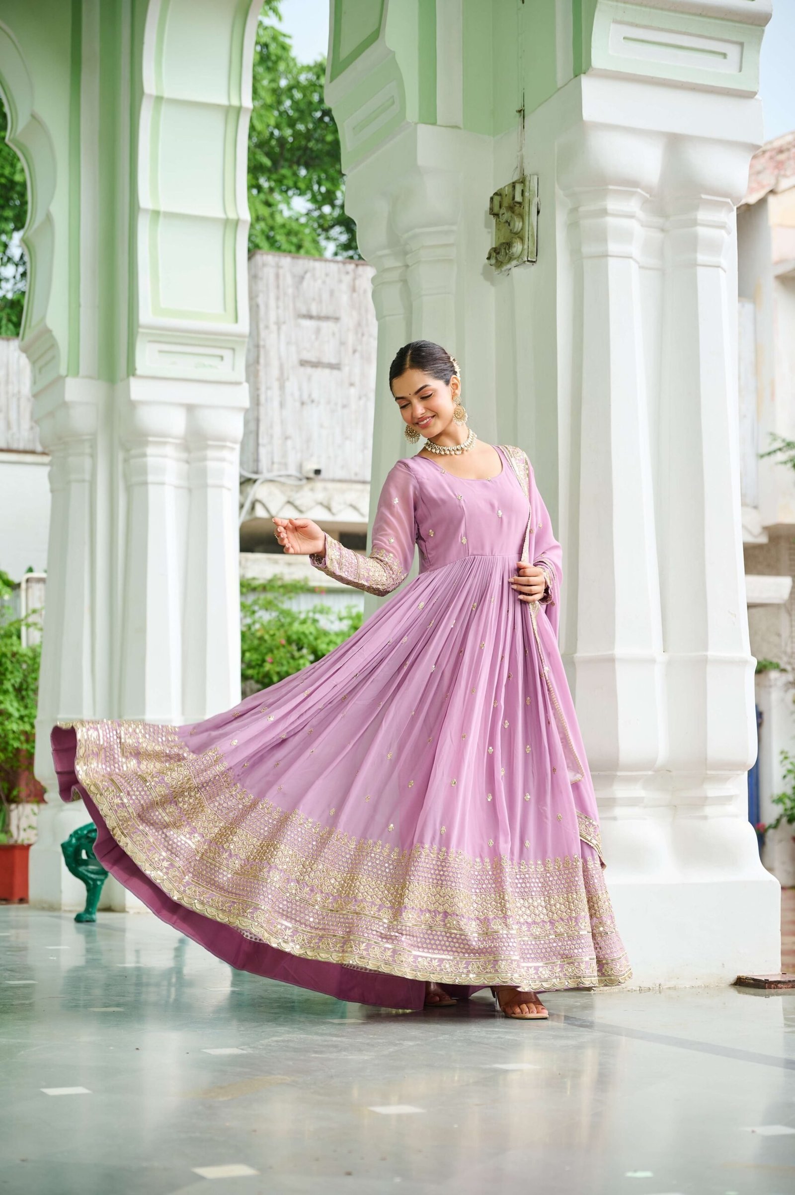 Pink Designer Faux Georgette Gown with Dupatta ? Embroidered & Sequins Work Ethnic Set for Women