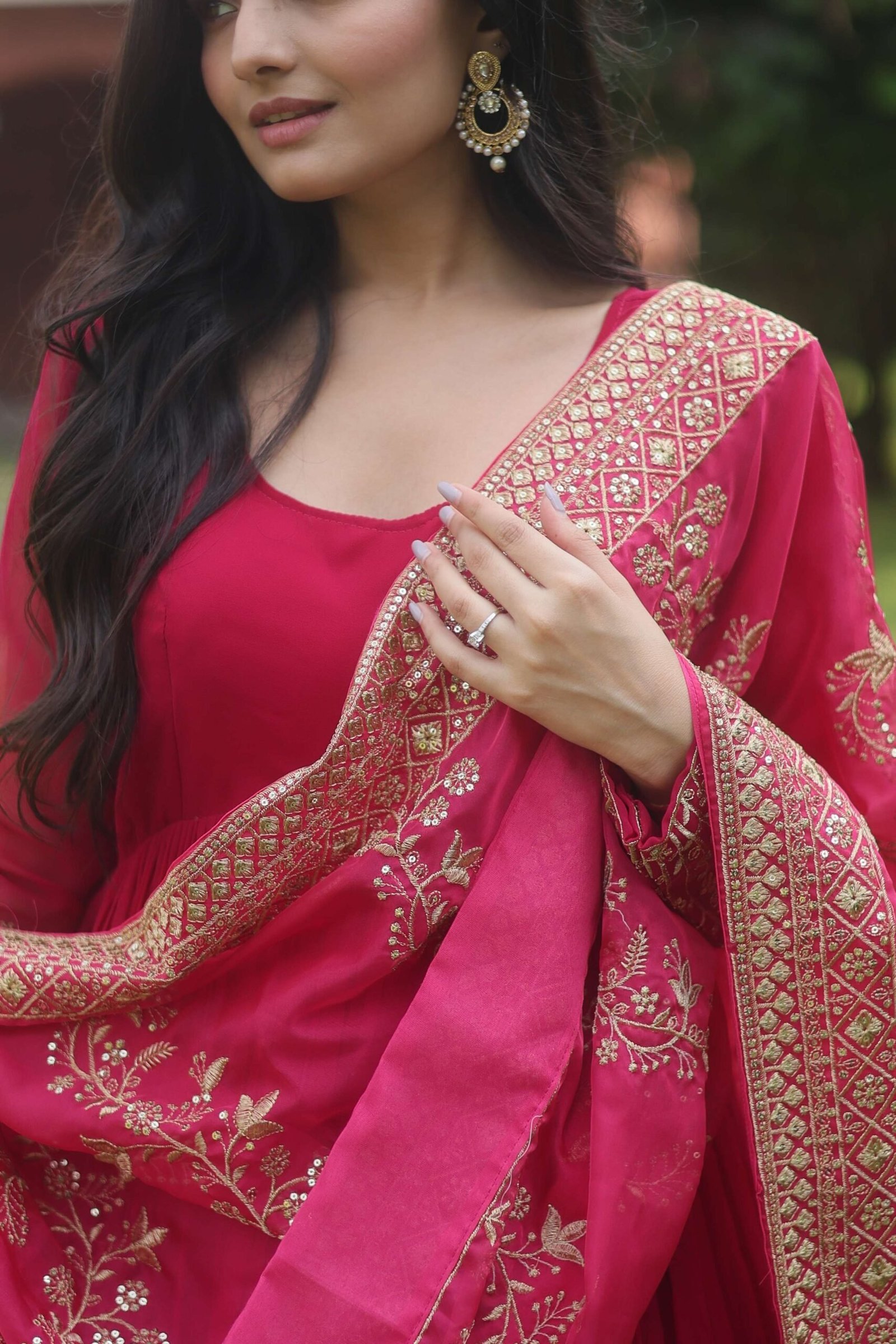 Pink Faux Blooming Designer Gown with Sequined Dupatta ? Elegant Fully Flared Party & Wedding Set