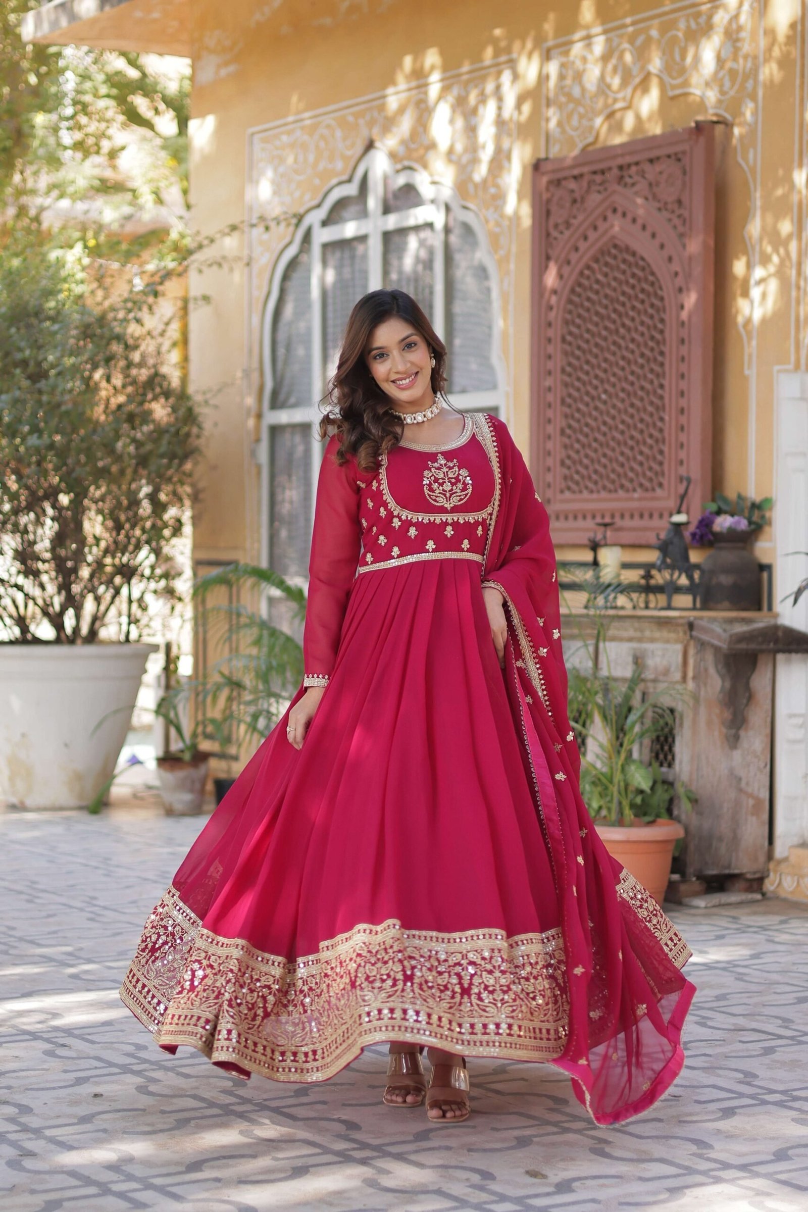 Pink Faux Blooming Georgette Sequins Embroidered Gown with Matching Dupatta