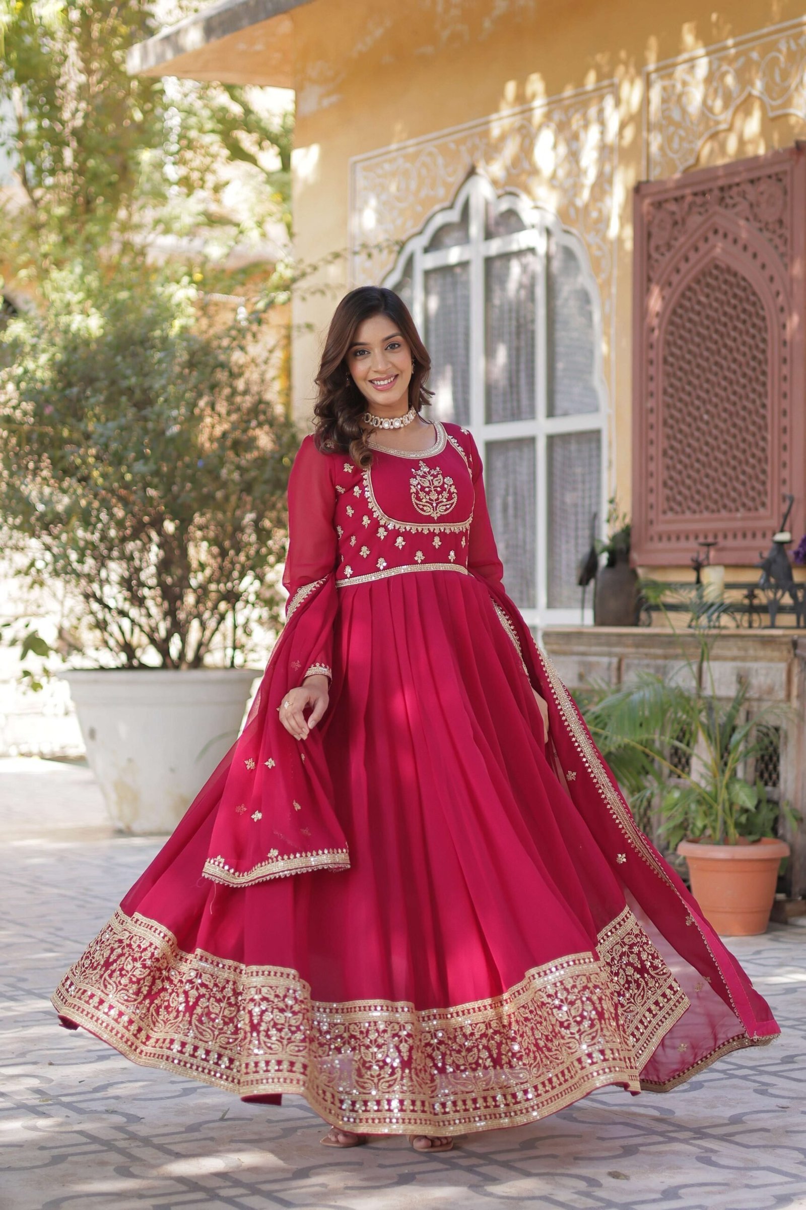 Pink Faux Blooming Georgette Sequins Embroidered Gown with Matching Dupatta