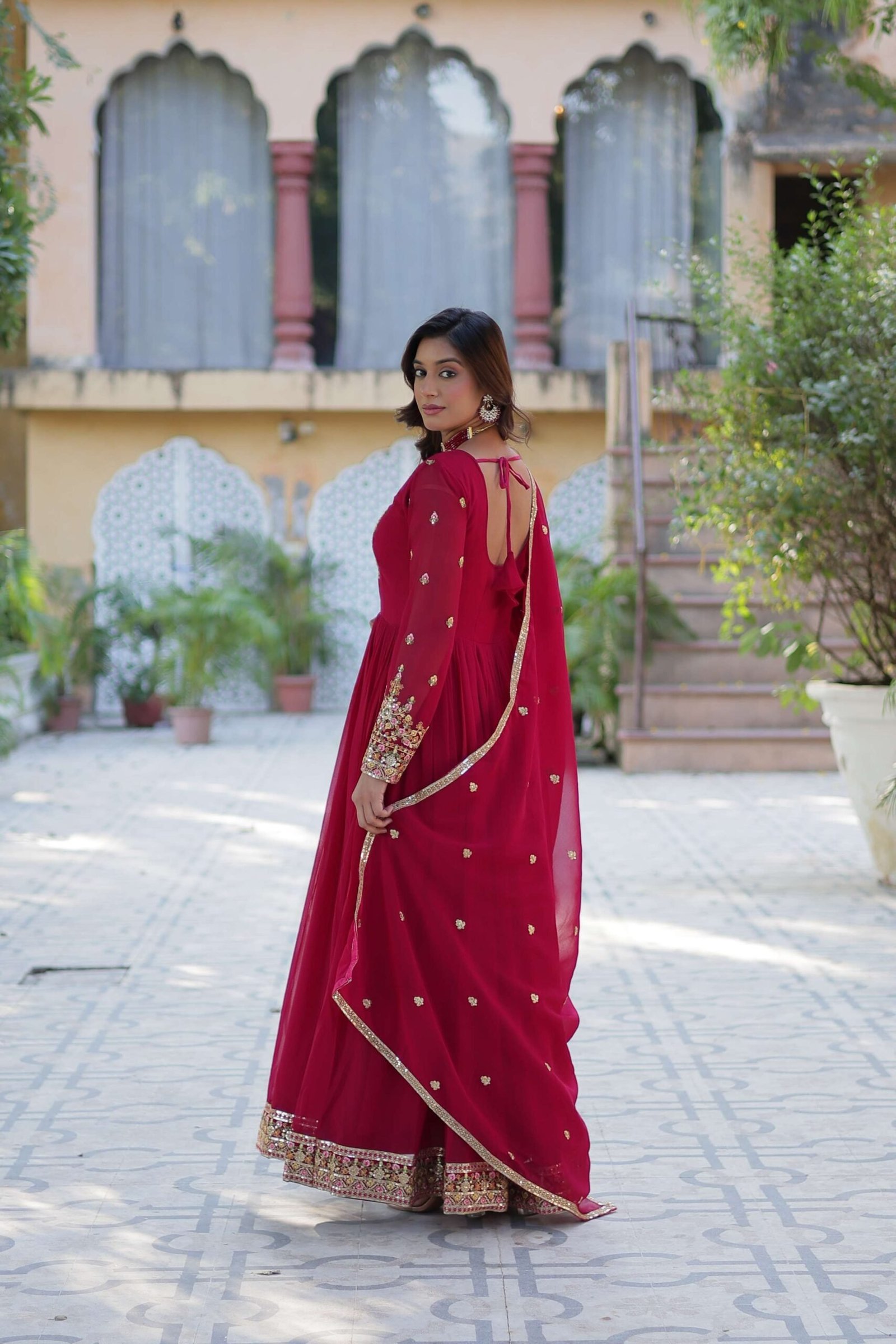Pink Faux Blooming Georgette Sequins Embroidered Gown with Matching Dupatta