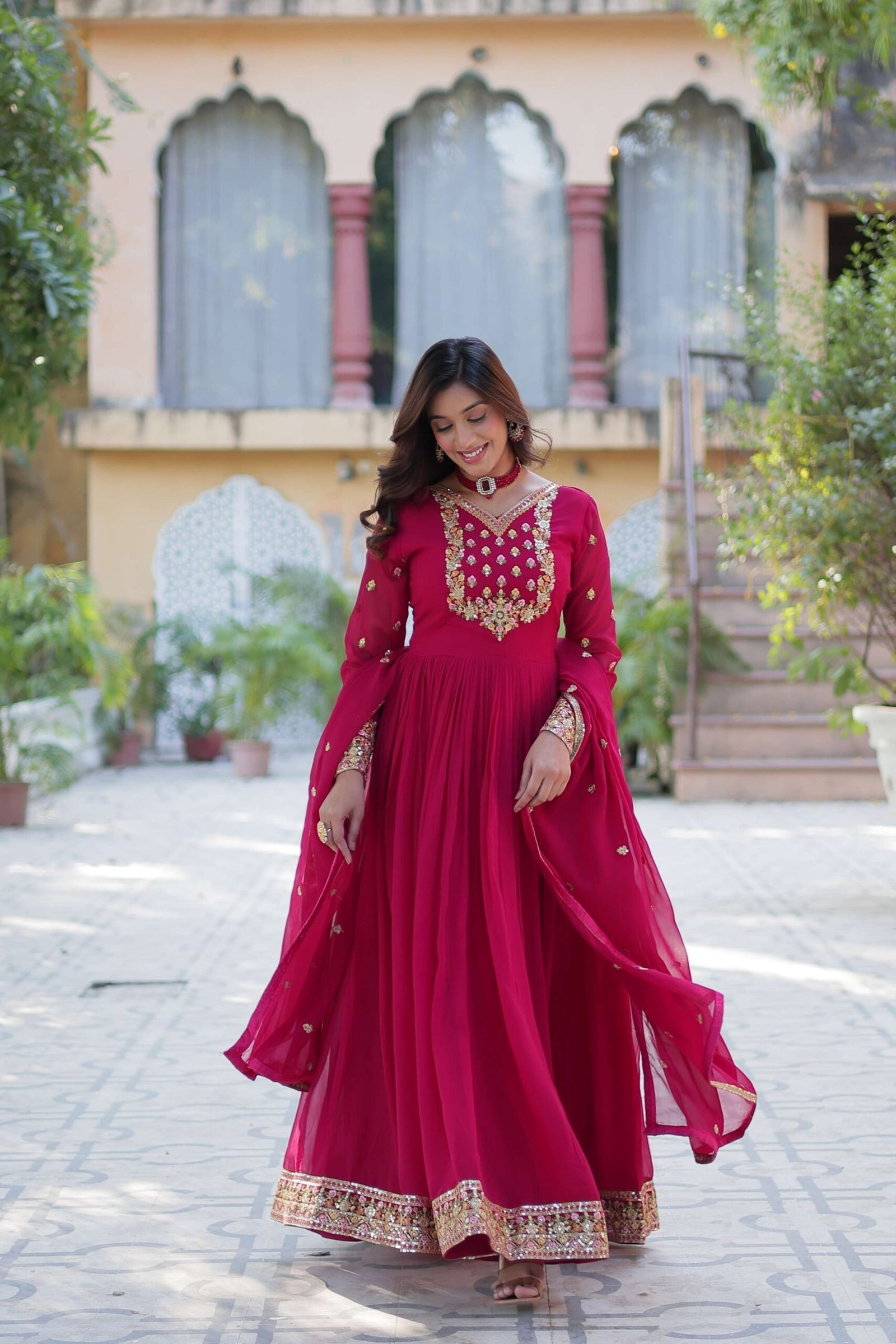 Pink Faux Blooming Georgette Sequins Embroidered Gown with Matching Dupatta