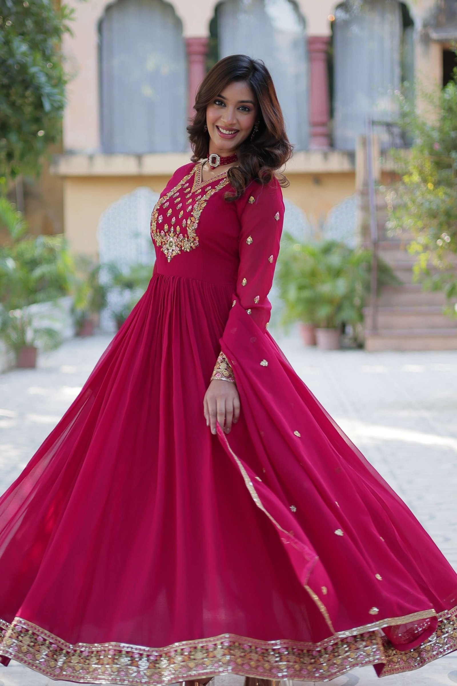 Pink Faux Blooming Georgette Sequins Embroidered Gown with Matching Dupatta