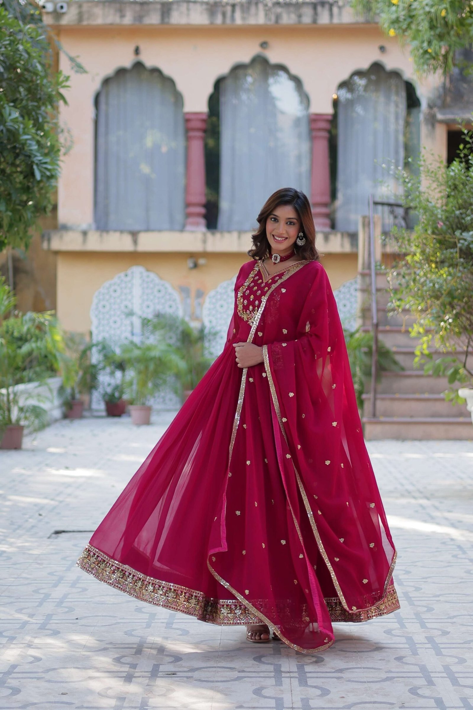 Pink Faux Blooming Georgette Sequins Embroidered Gown with Matching Dupatta
