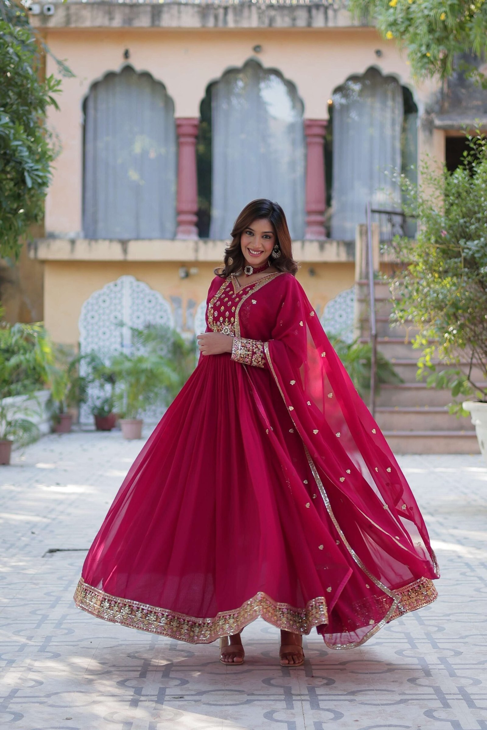 Pink Faux Blooming Georgette Sequins Embroidered Gown with Matching Dupatta