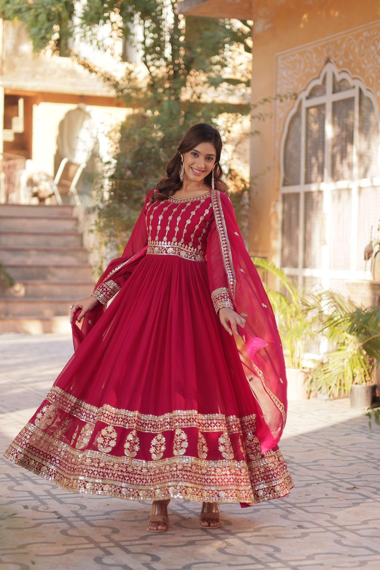 Pink Faux Blooming Gown with Zari & Sequins Embroidered Dupatta with Designer Lace Border