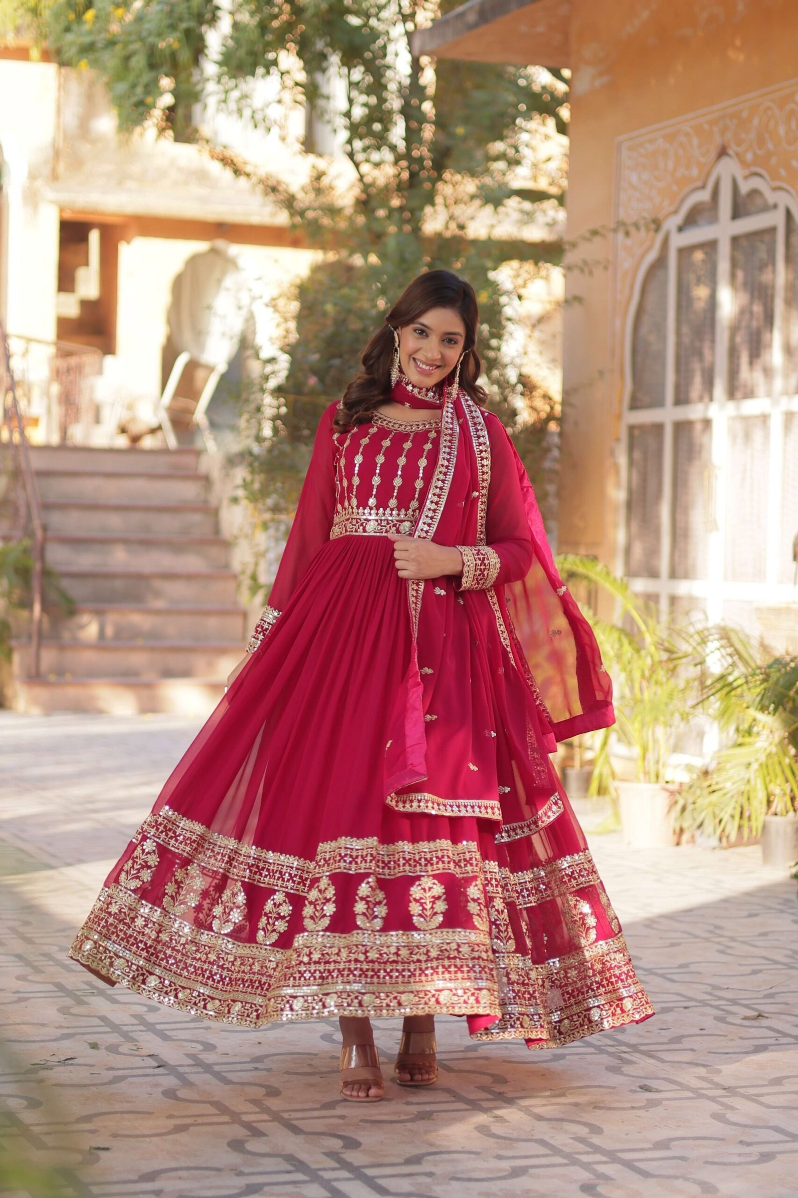 Pink Faux Blooming Gown with Zari & Sequins Embroidered Dupatta with Designer Lace Border