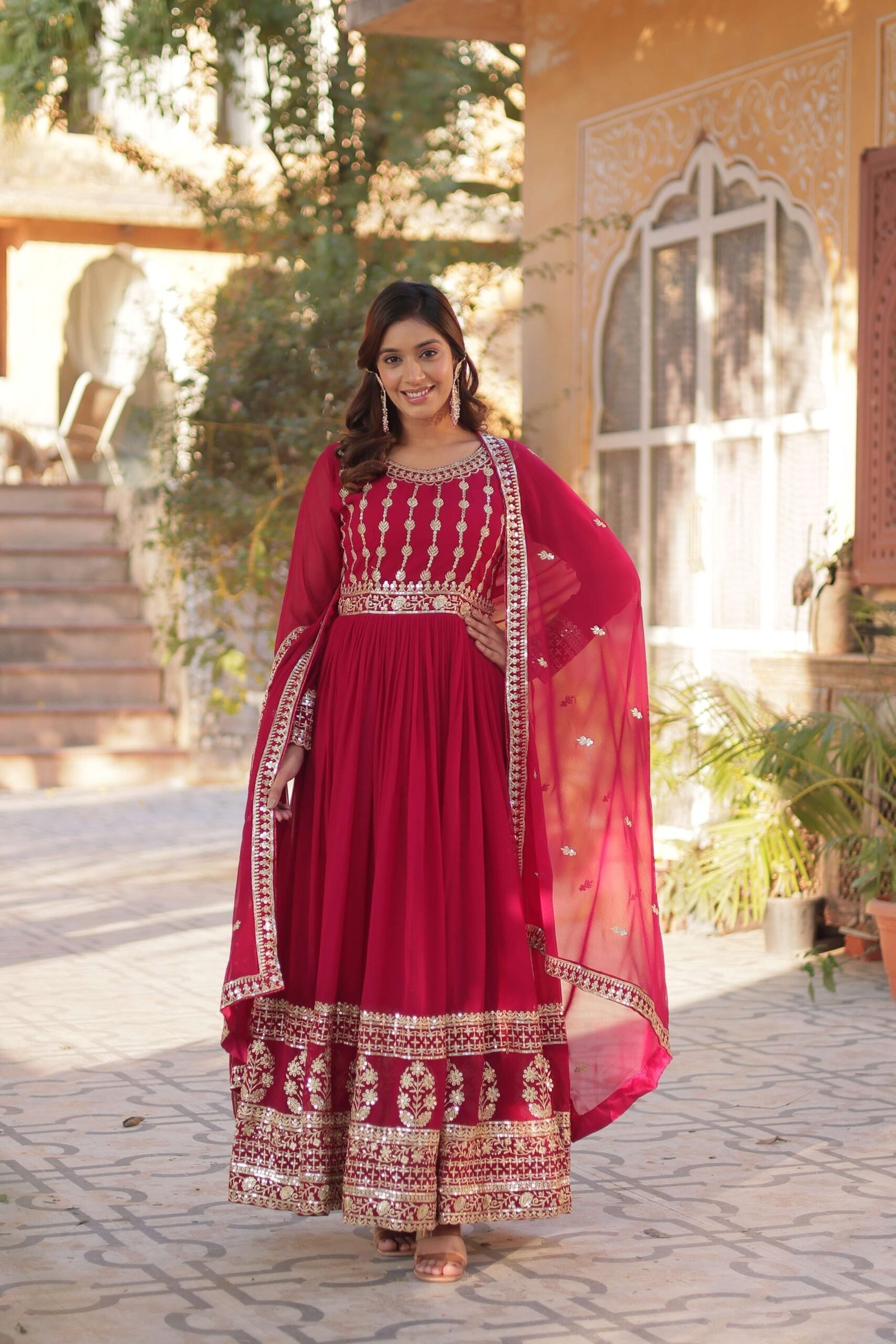 Pink Faux Blooming Gown with Zari & Sequins Embroidered Dupatta with Designer Lace Border