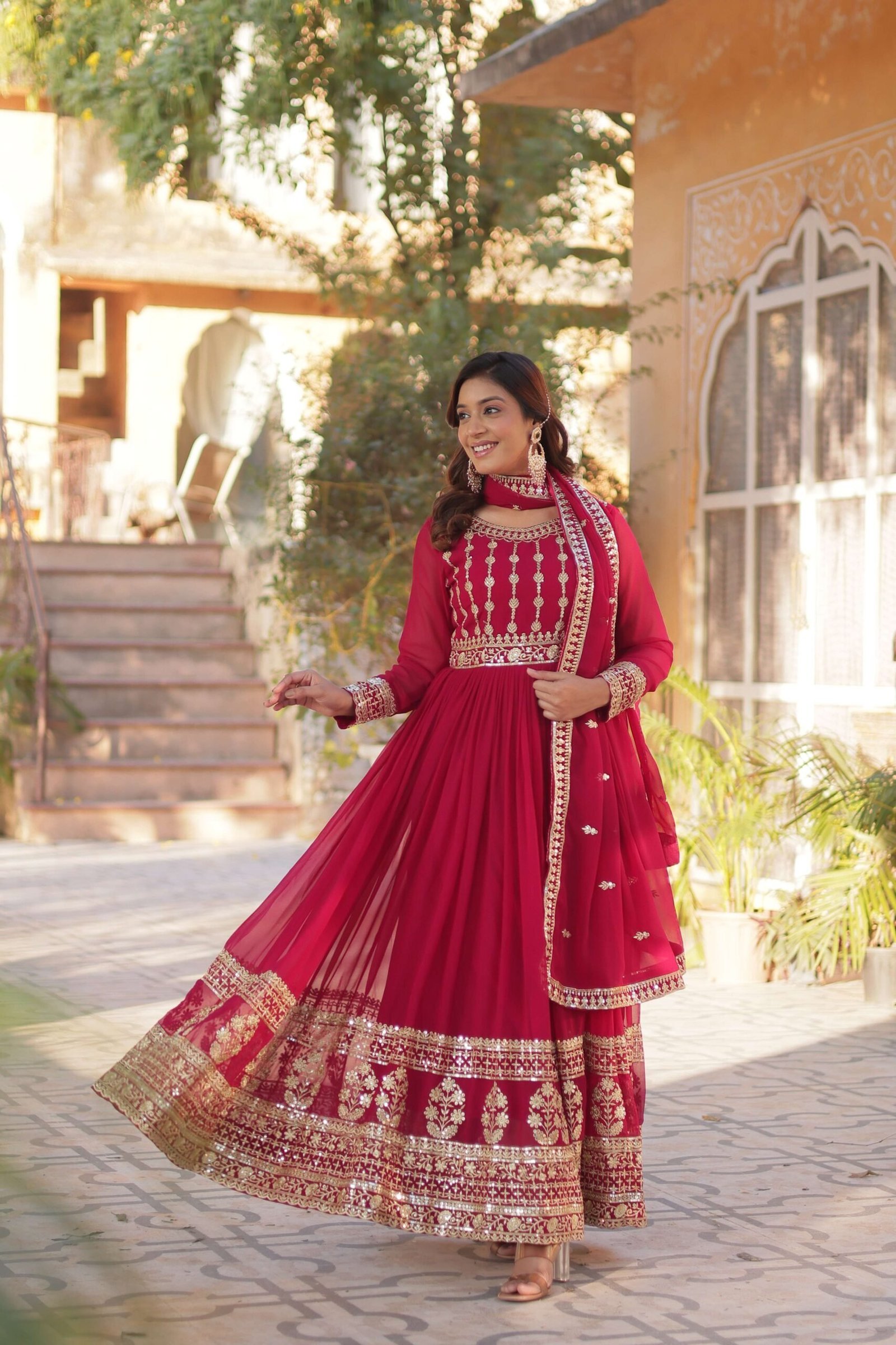 Pink Faux Blooming Gown with Zari & Sequins Embroidered Dupatta with Designer Lace Border