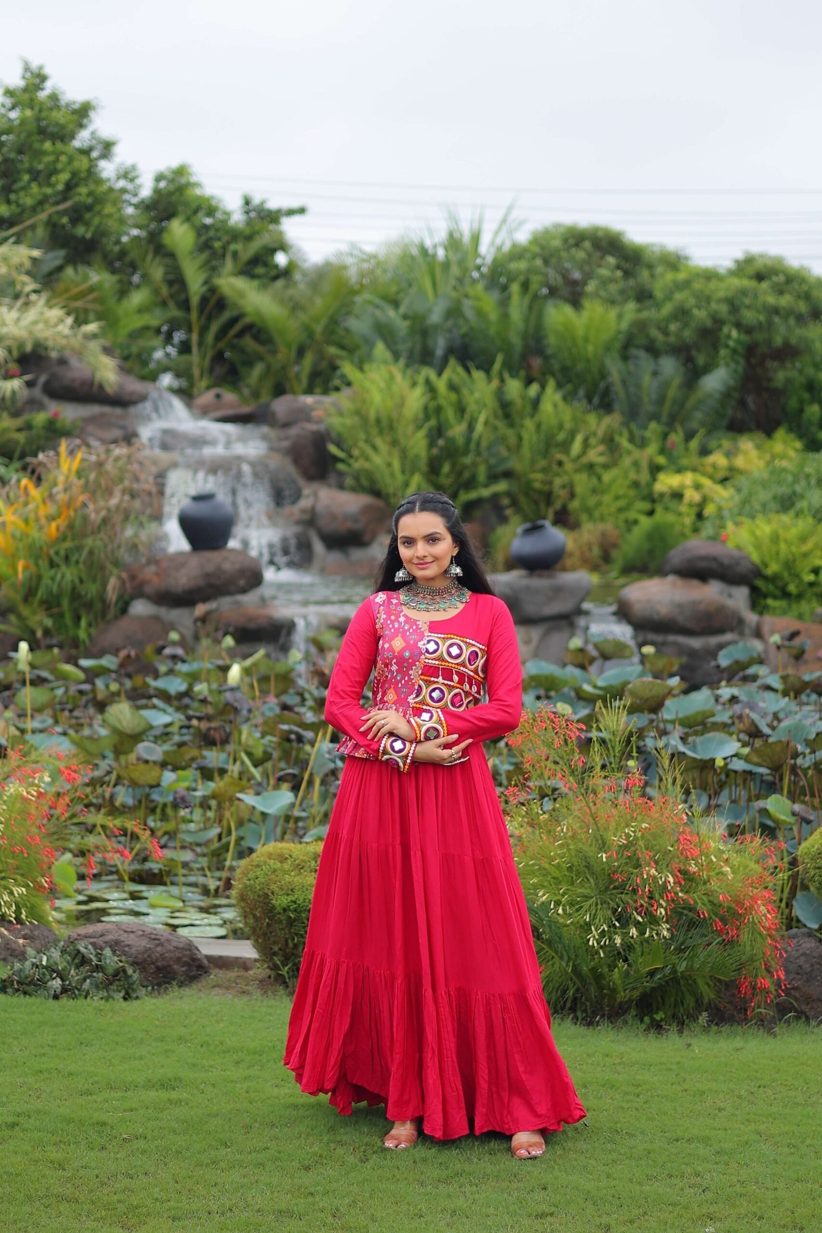 Pink Navratri Special Gown with Elegant Kutchi Embroidery