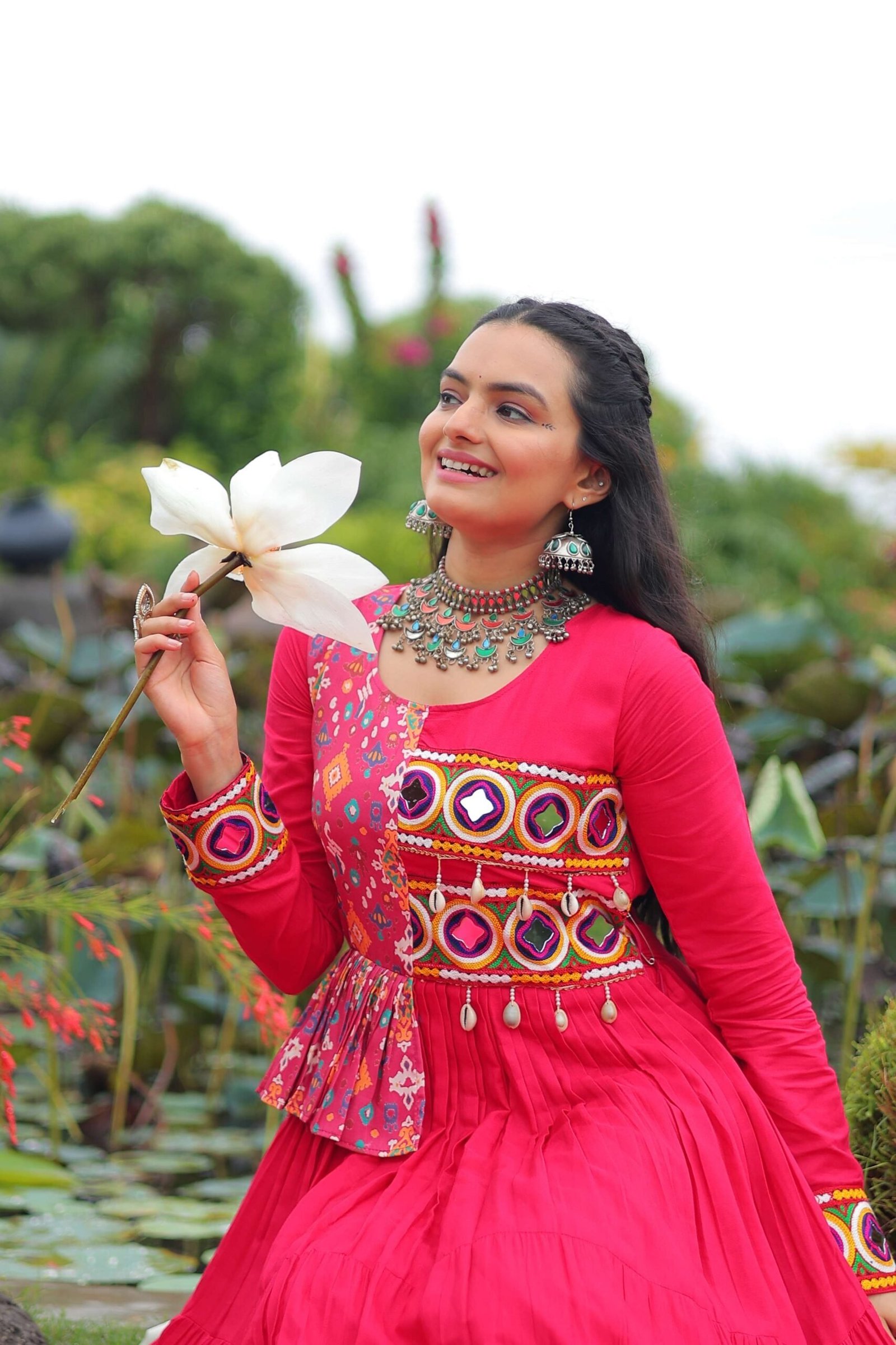 Pink Navratri Special Gown with Elegant Kutchi Embroidery