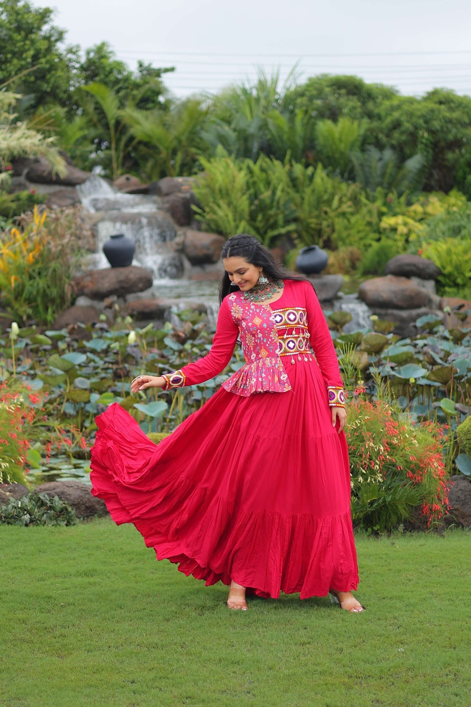 Pink Navratri Special Gown with Elegant Kutchi Embroidery