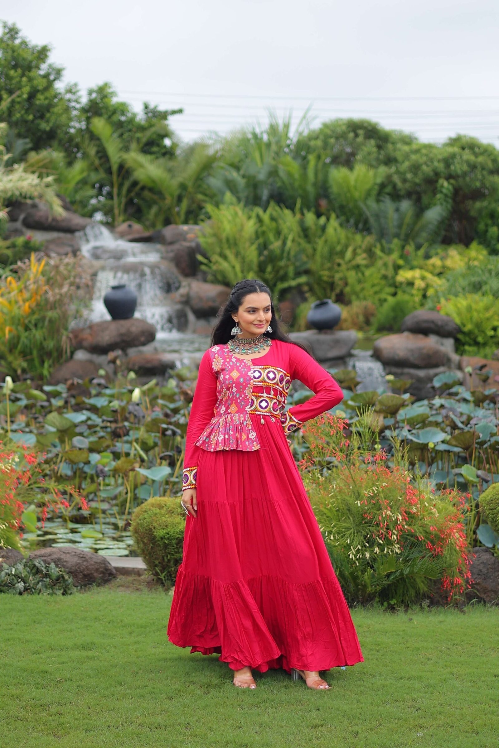 Pink Navratri Special Gown with Elegant Kutchi Embroidery