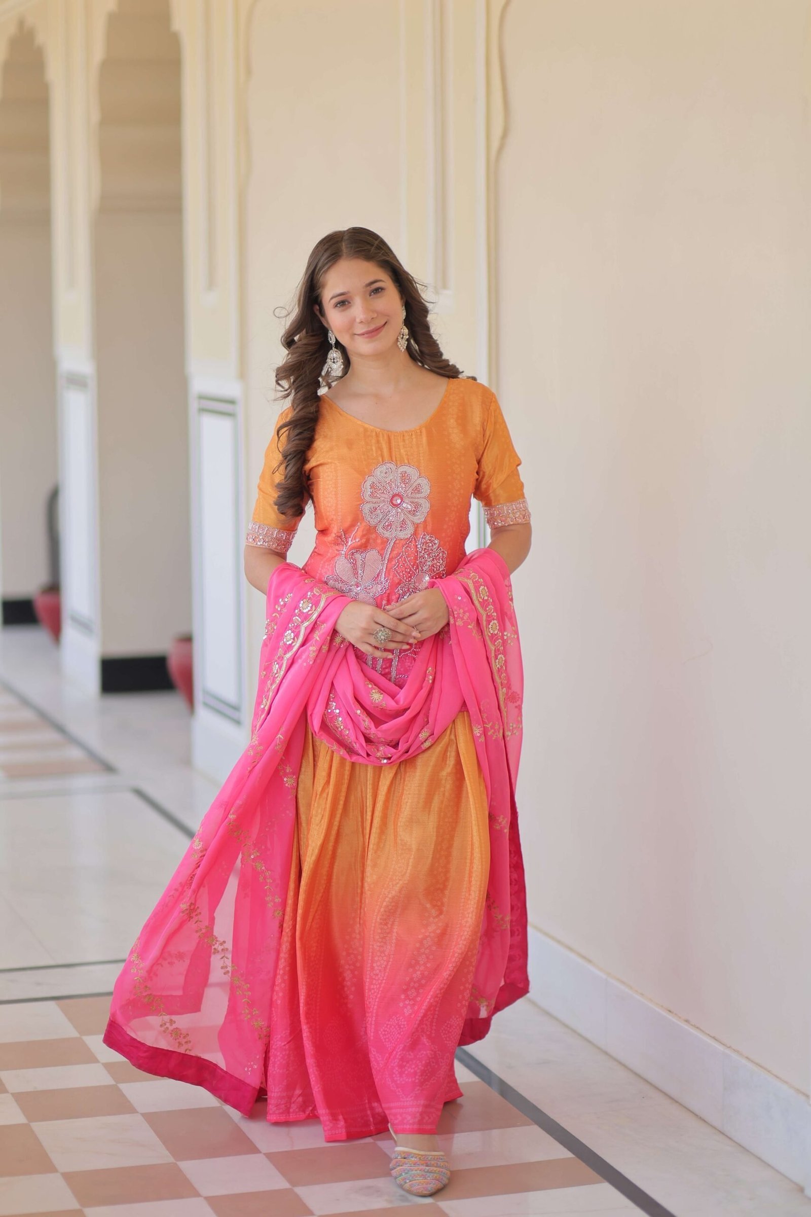 Pink Premium Designer Chinnon Print Top-Sharara-Dupatta Set with Bead & Zari Work ? Elegant Ethnic Wear for Women