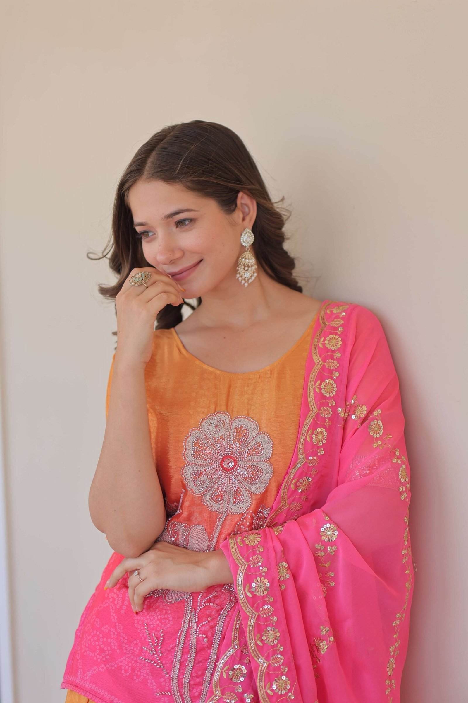 Pink Premium Designer Chinnon Print Top-Sharara-Dupatta Set with Bead & Zari Work ? Elegant Ethnic Wear for Women