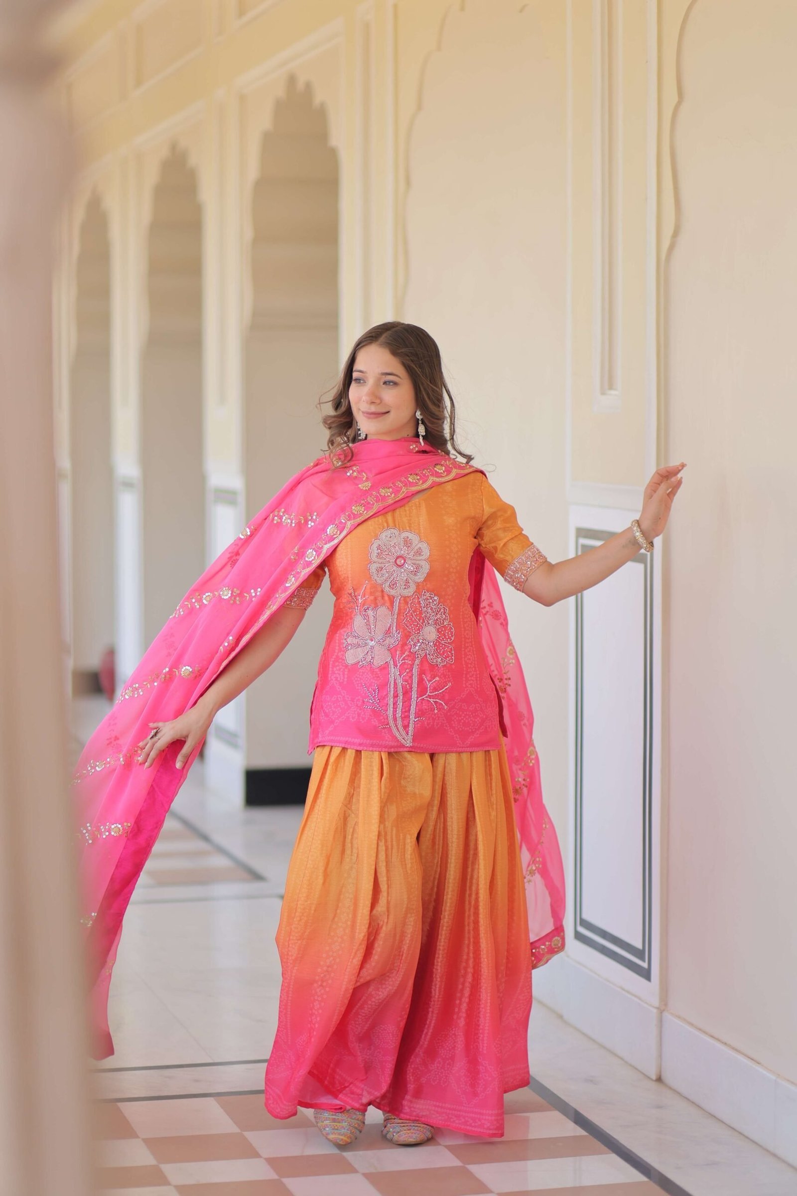 Pink Premium Designer Chinnon Print Top-Sharara-Dupatta Set with Bead & Zari Work ? Elegant Ethnic Wear for Women