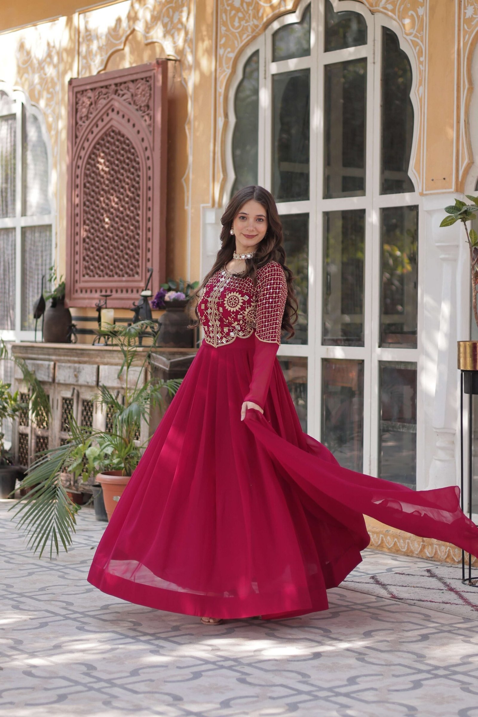 Pink Premium Faux Blooming Georgette Gown with Dupatta ? Designer Readymade Collection