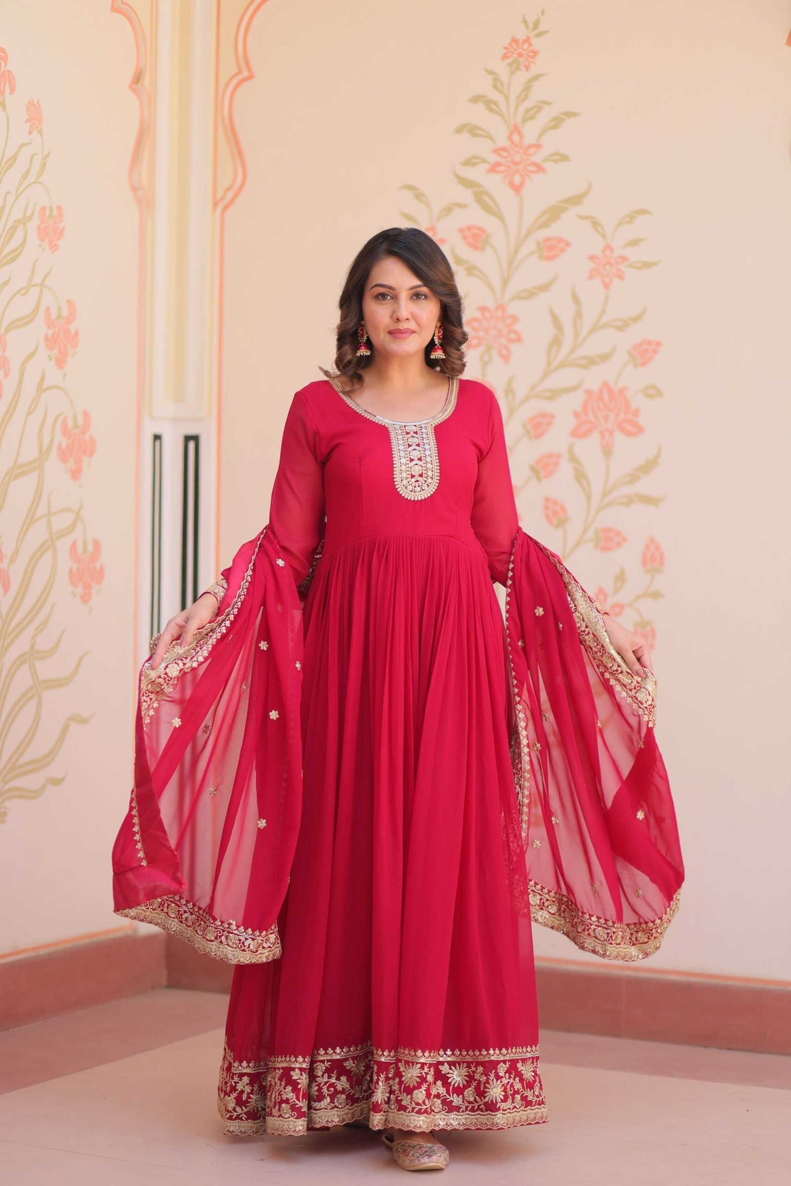 Pink Premium Faux Blooming Gown with Zari & Sequins Embroidered Dupatta ? Designer Collection