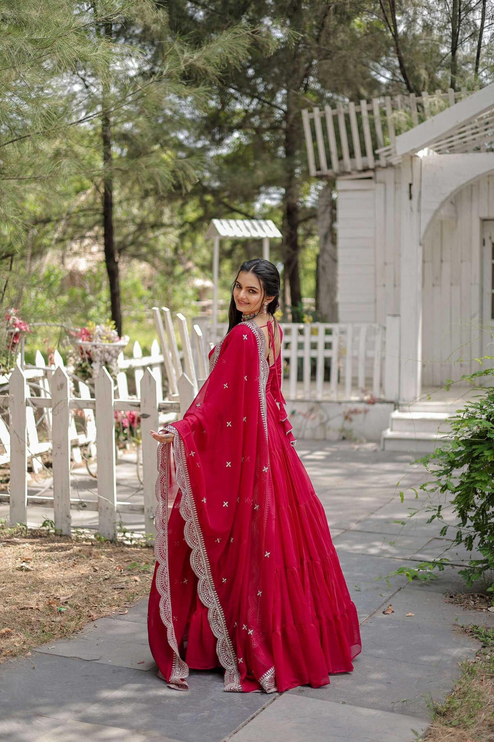 Pink Premium Faux Georgette Designer Gown with Sequined Dupatta ? Fully Flaired Ready-to-Wear Set