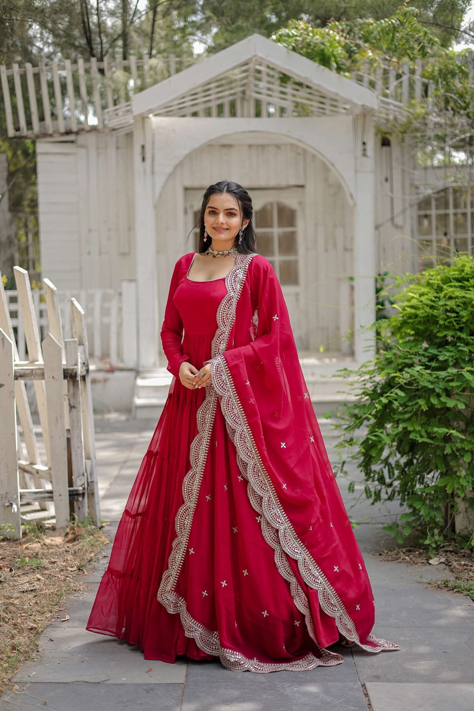 Pink Premium Faux Georgette Designer Gown with Sequined Dupatta ? Fully Flaired Ready-to-Wear Set