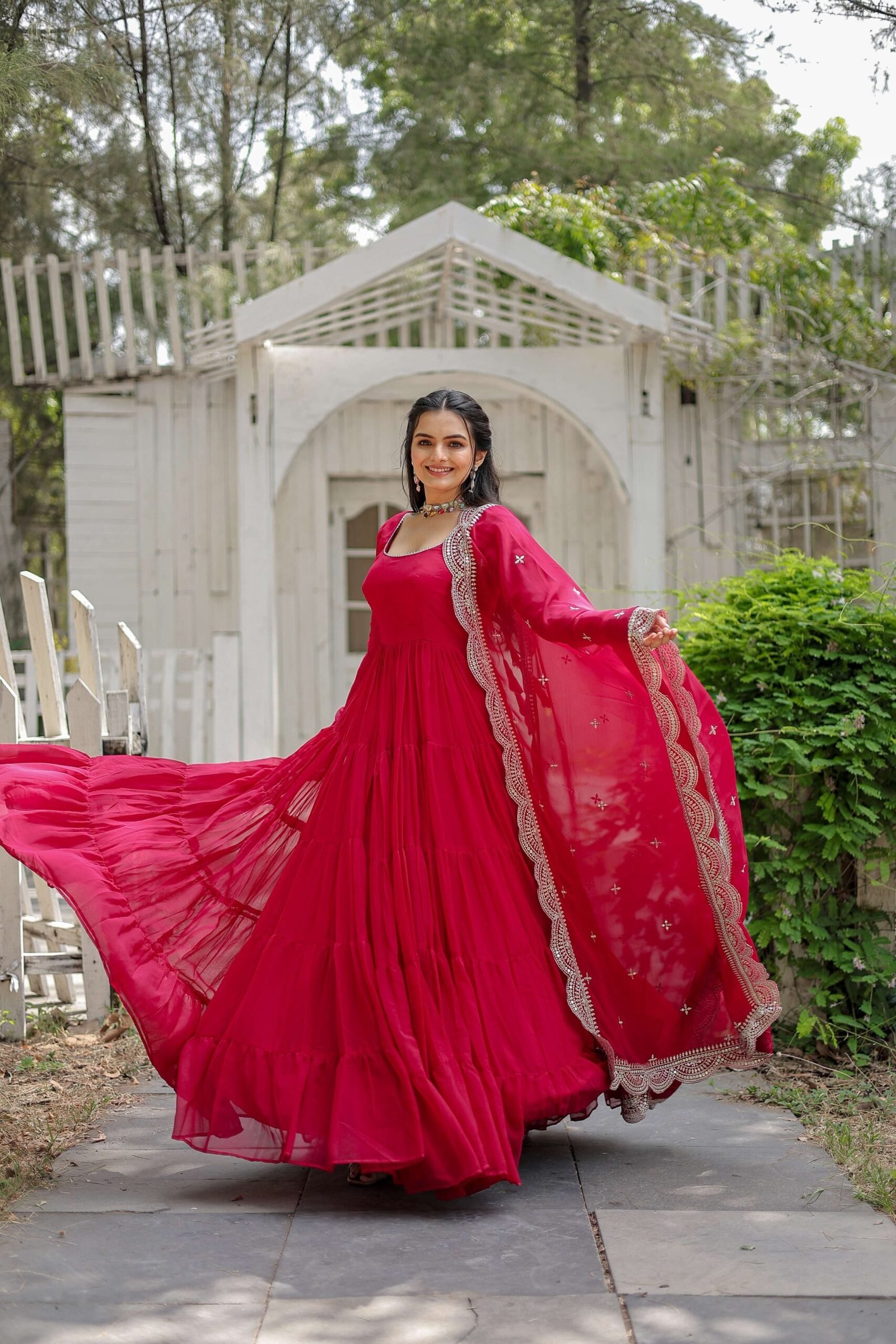 Pink Premium Faux Georgette Designer Gown with Sequined Dupatta ? Fully Flaired Ready-to-Wear Set