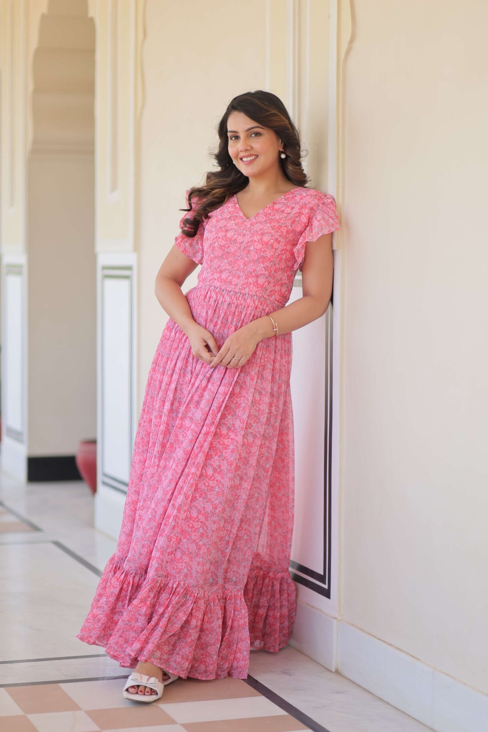 Pink Premium Faux Georgette Printed Gown ? Full Flared Ethnic Wear