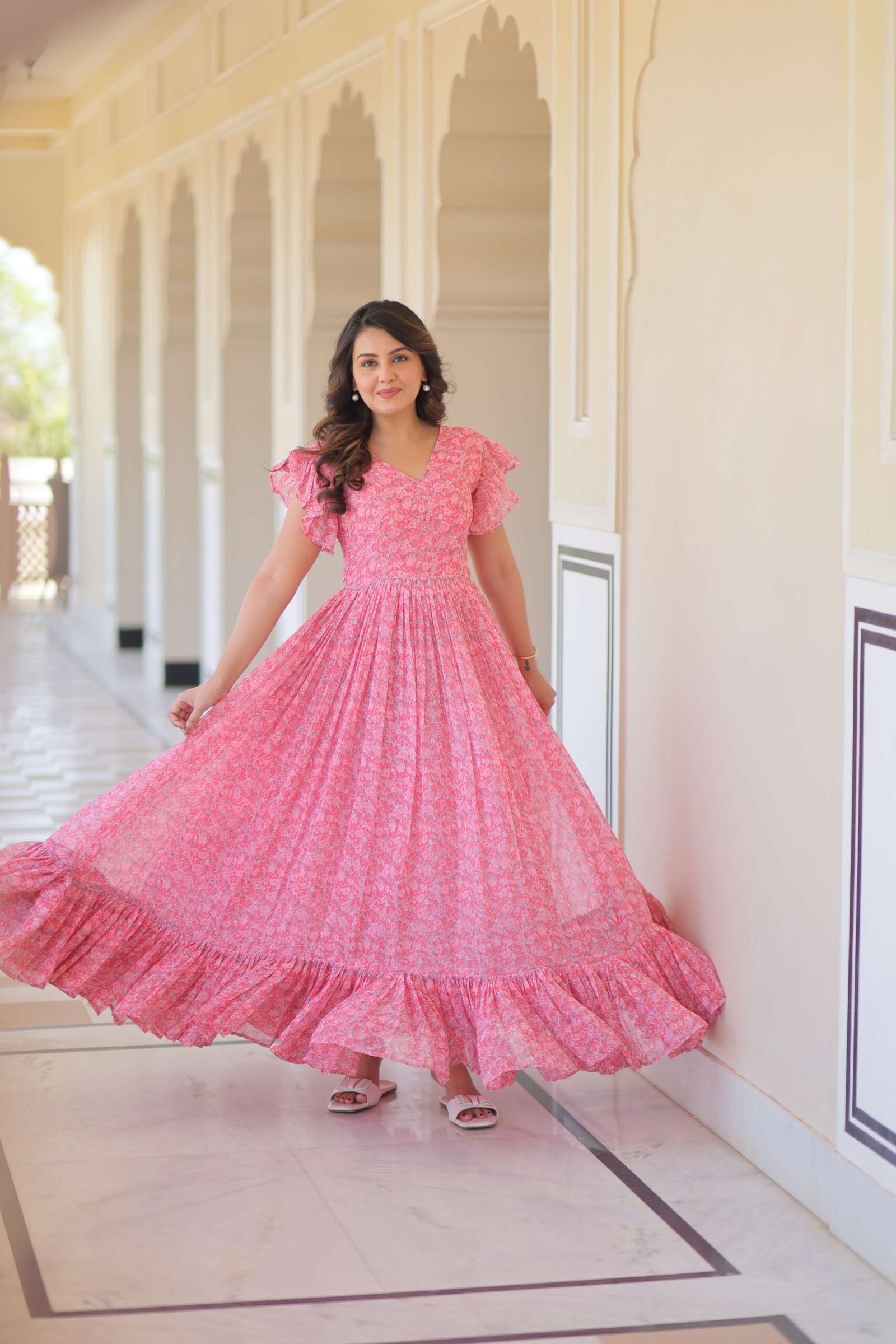 Pink Premium Faux Georgette Printed Gown ? Full Flared Ethnic Wear