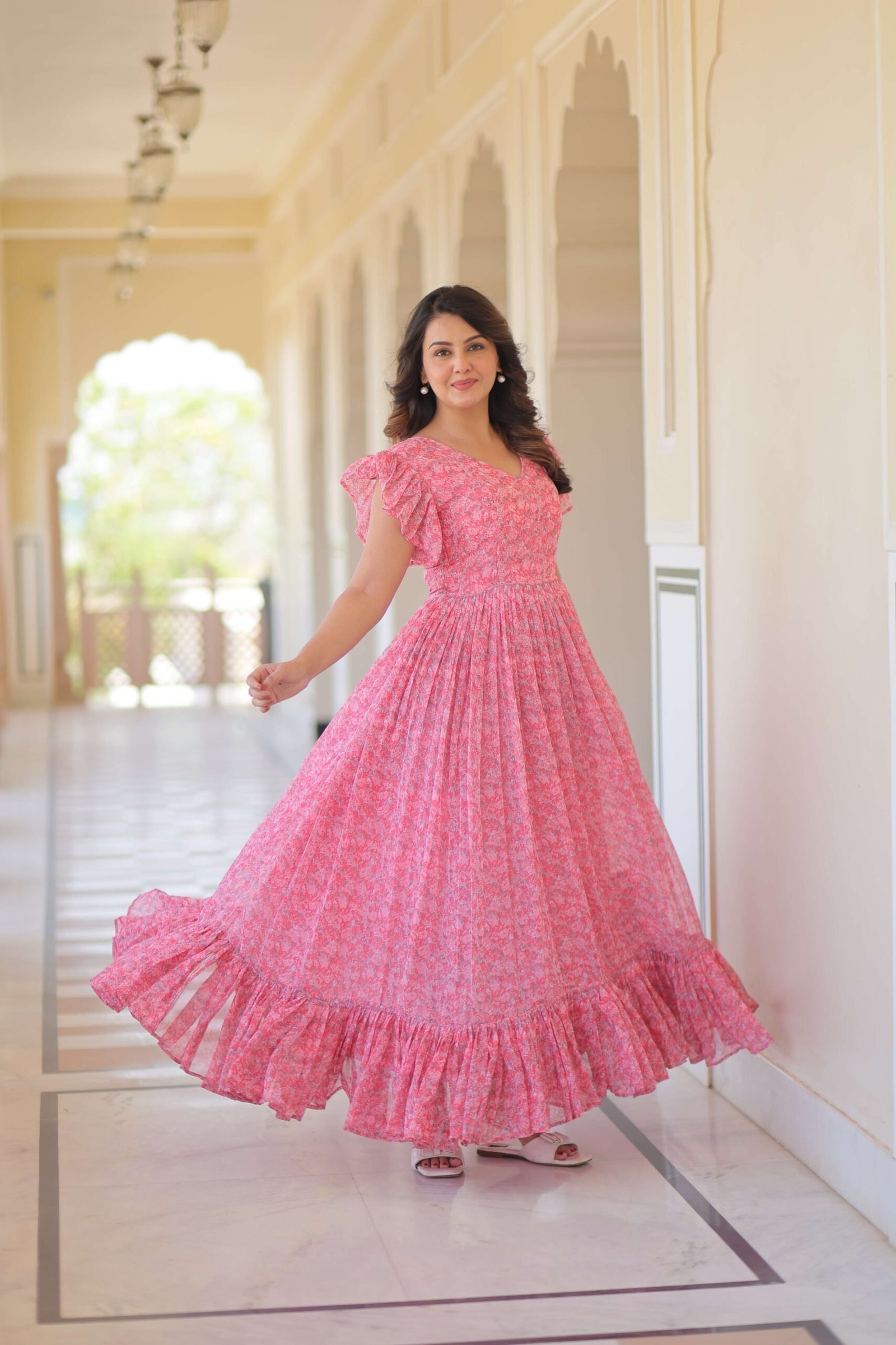 Pink Premium Faux Georgette Printed Gown ? Full Flared Ethnic Wear