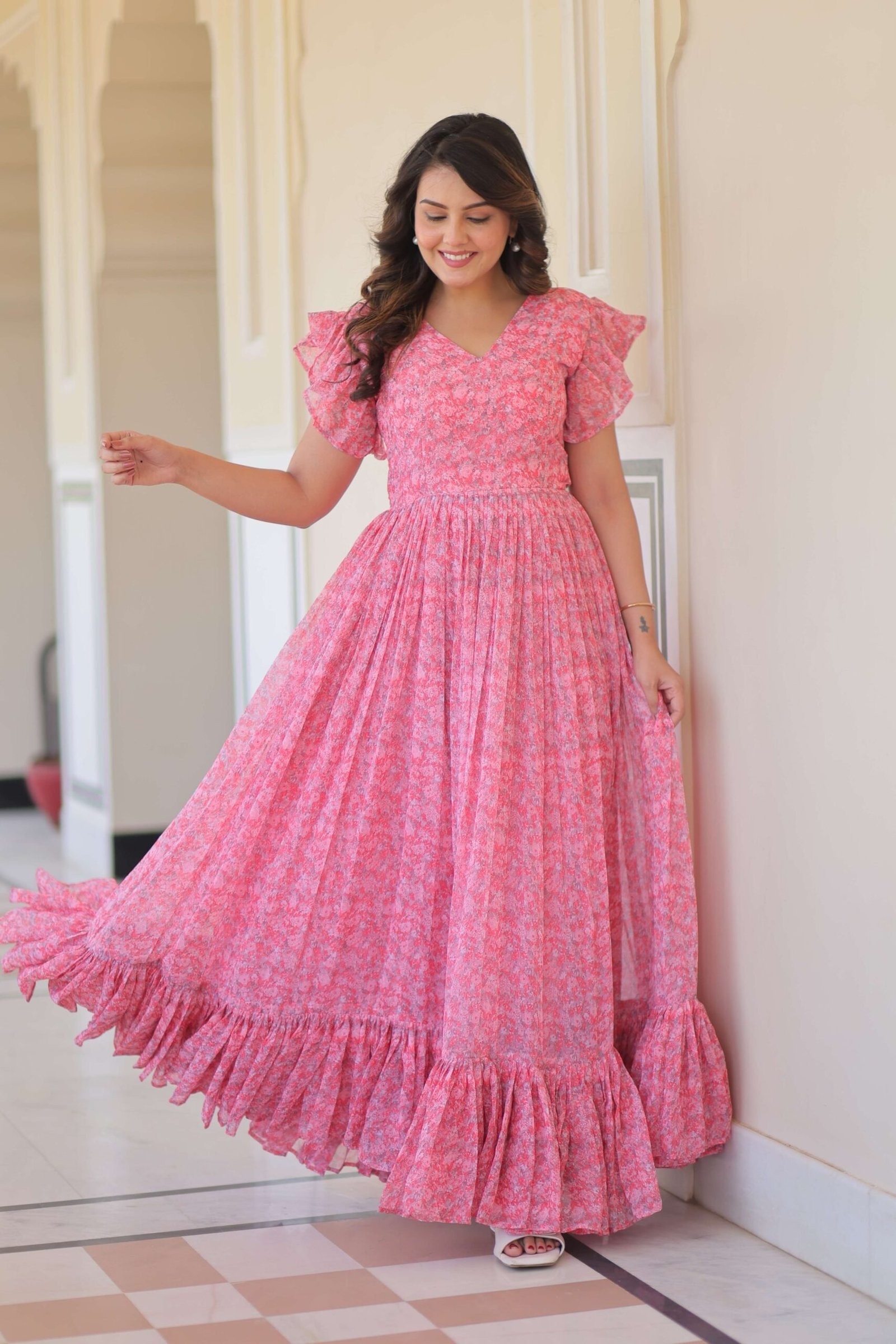 Pink Premium Faux Georgette Printed Gown ? Full Flared Ethnic Wear