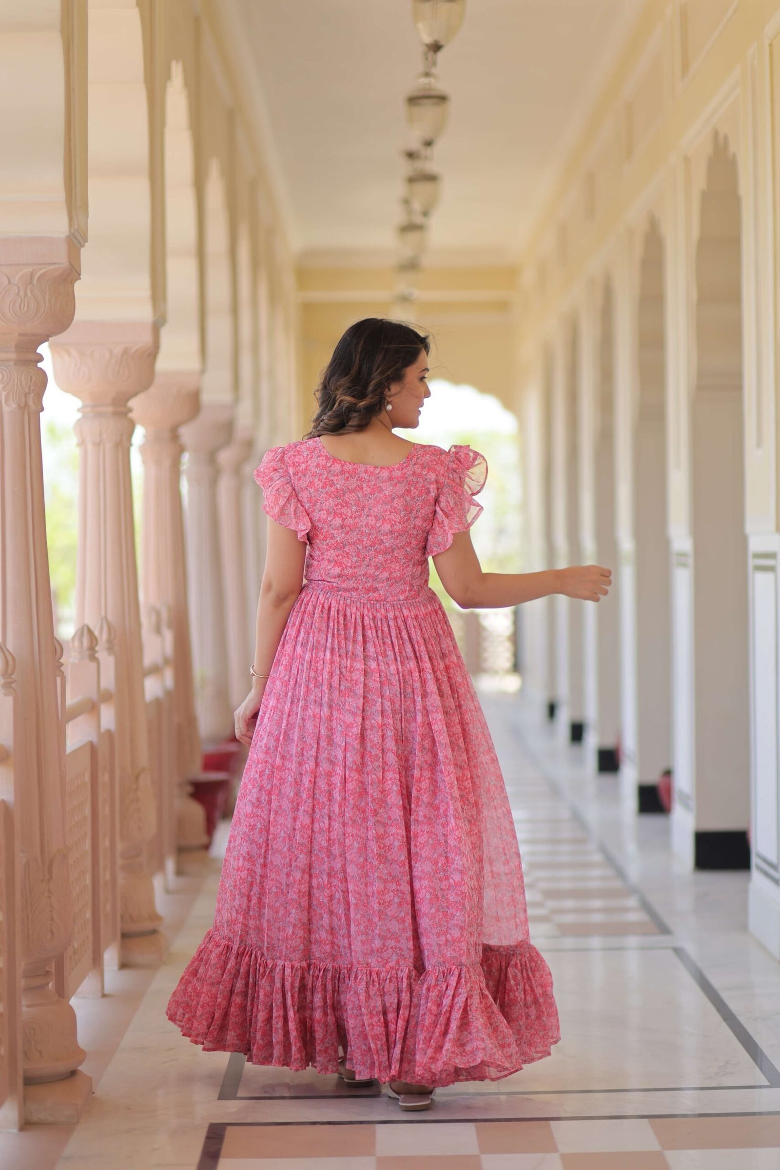 Pink Premium Faux Georgette Printed Gown ? Full Flared Ethnic Wear