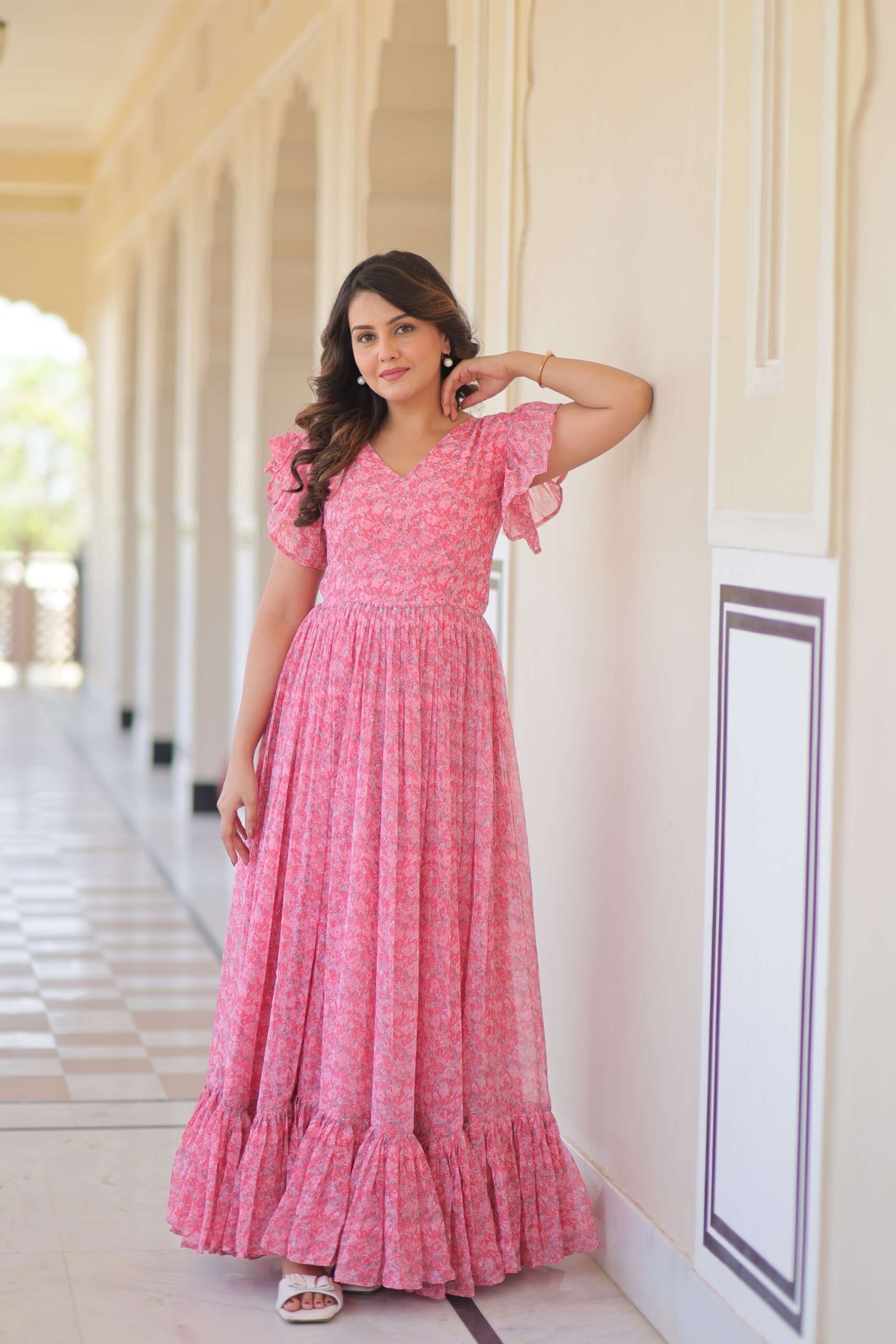 Pink Premium Faux Georgette Printed Gown ? Full Flared Ethnic Wear