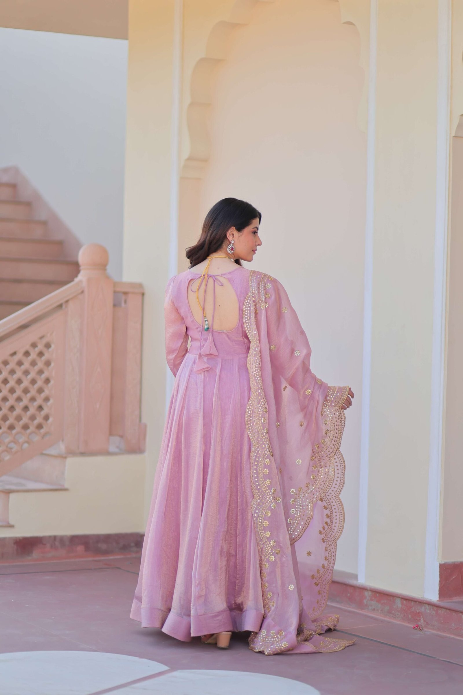 Pink Premium Fendy Chiffon Gown with Sequins & Zari Embroidered Dupatta ? Elegant Partywear
