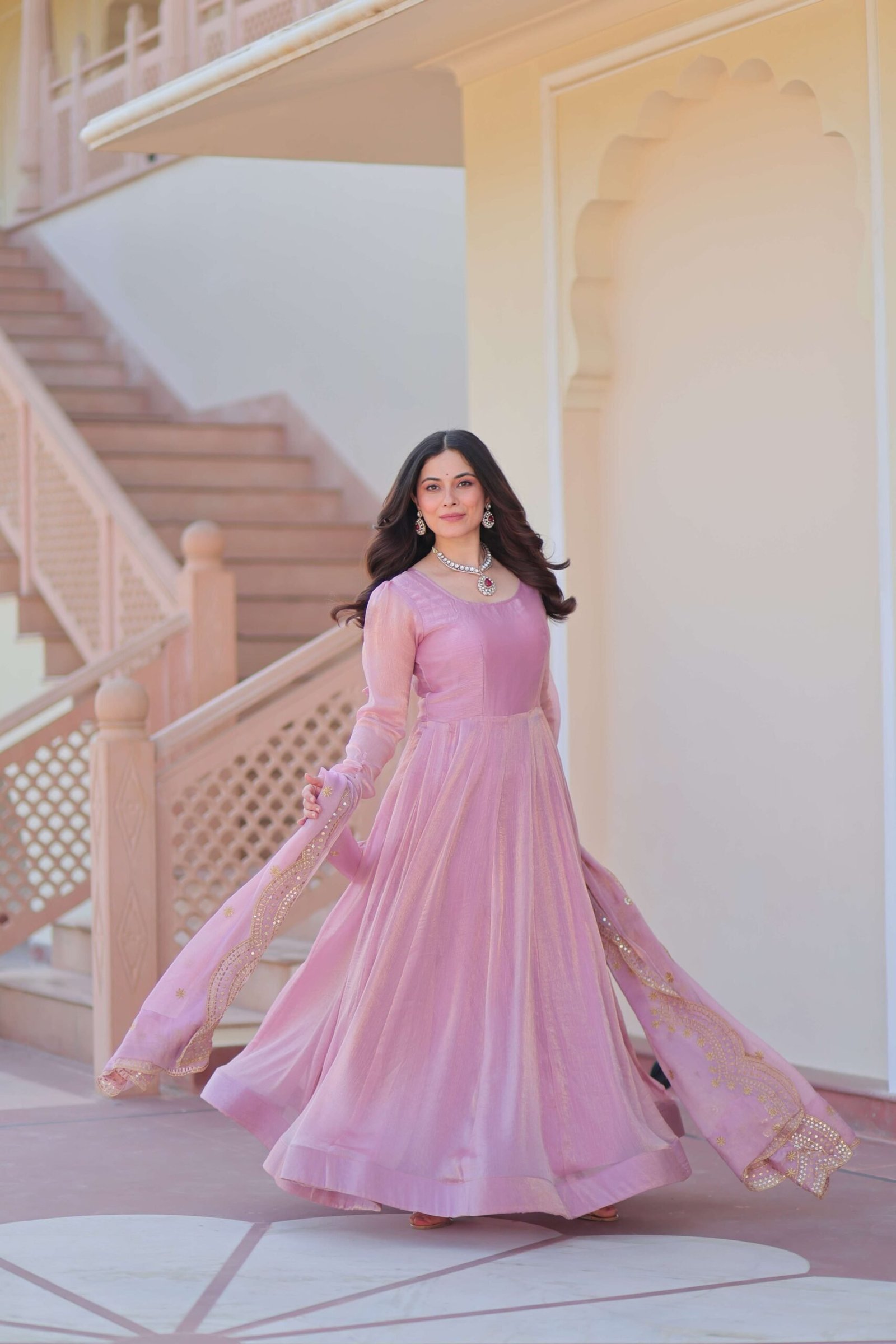 Pink Premium Fendy Chiffon Gown with Sequins & Zari Embroidered Dupatta ? Elegant Partywear