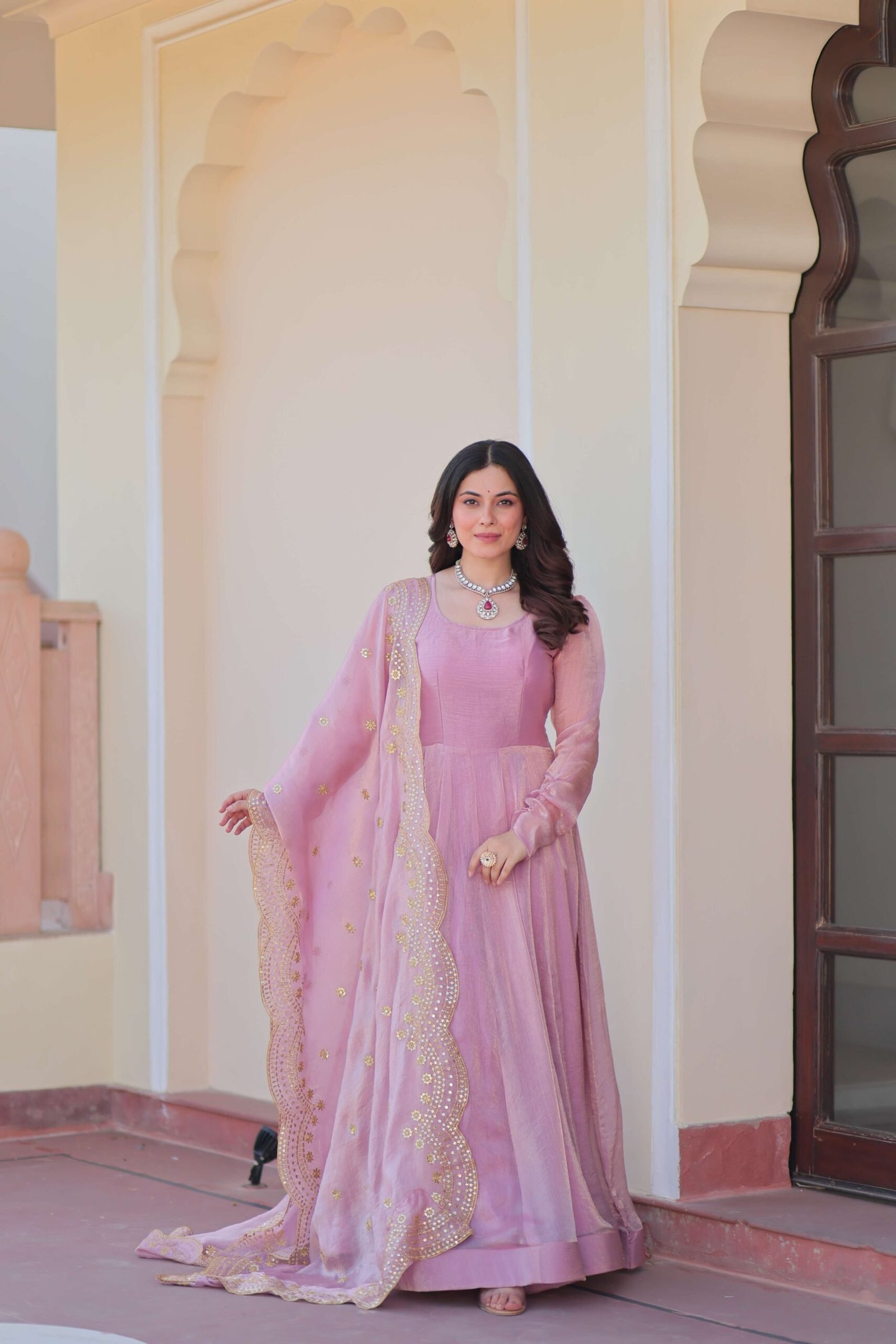 Pink Premium Fendy Chiffon Gown with Sequins & Zari Embroidered Dupatta ? Elegant Partywear