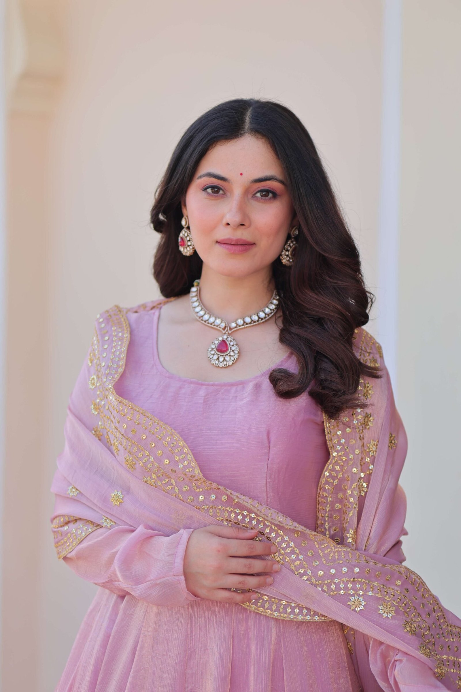 Pink Premium Fendy Chiffon Gown with Sequins & Zari Embroidered Dupatta ? Elegant Partywear
