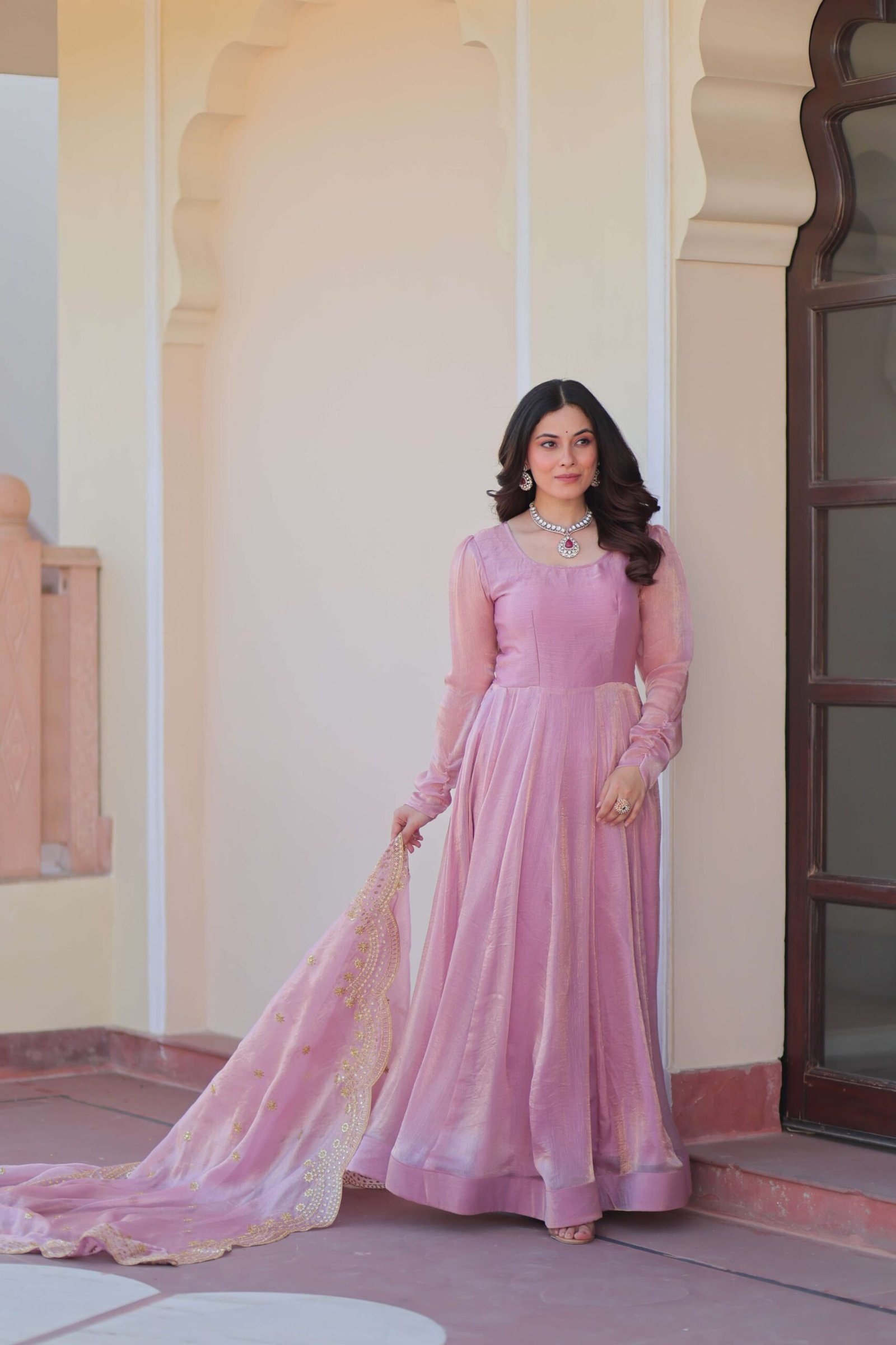 Pink Premium Fendy Chiffon Gown with Sequins & Zari Embroidered Dupatta ? Elegant Partywear