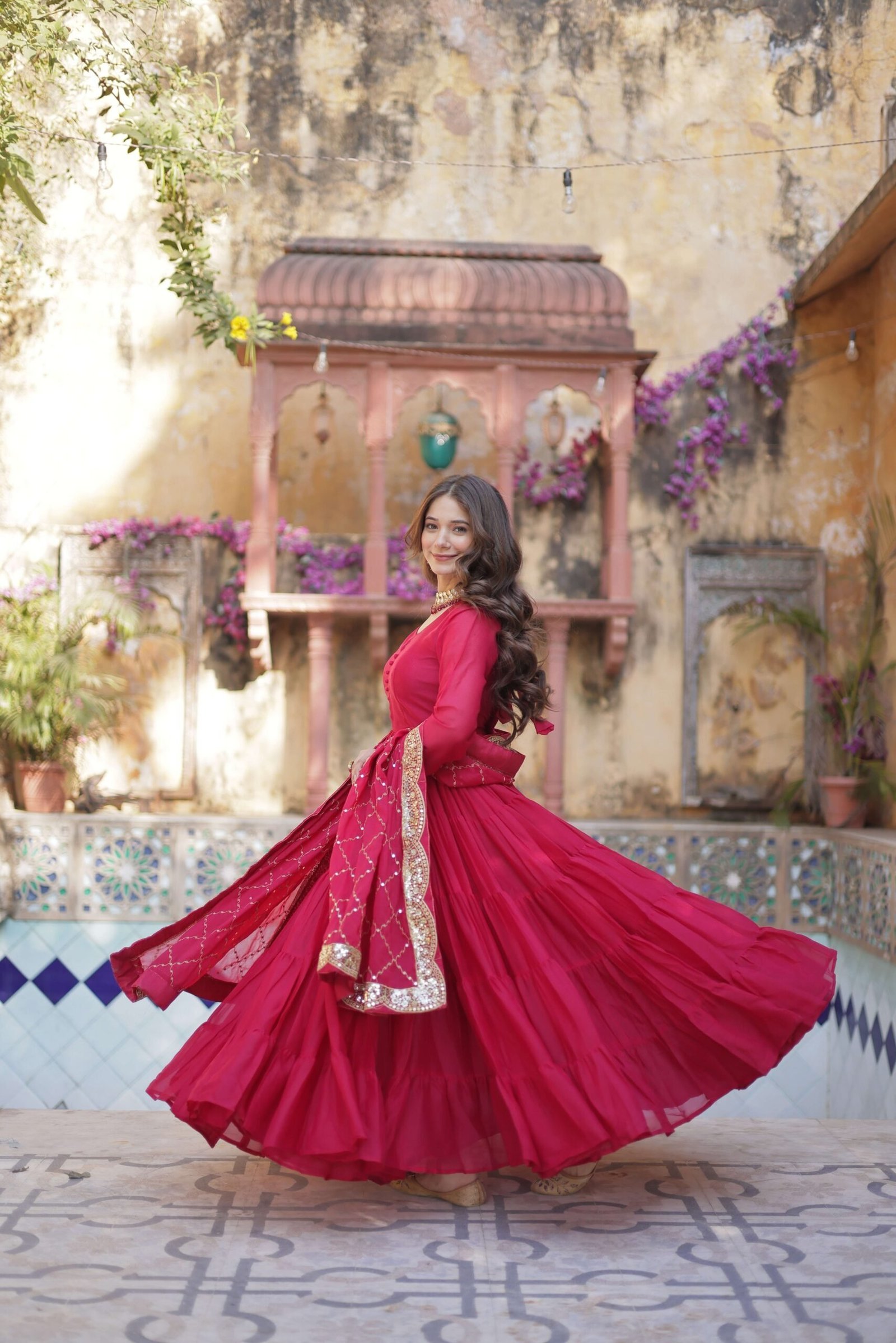 Pink Star Georgette Fully Flared Gown with Sequins Embroidered Dupatta