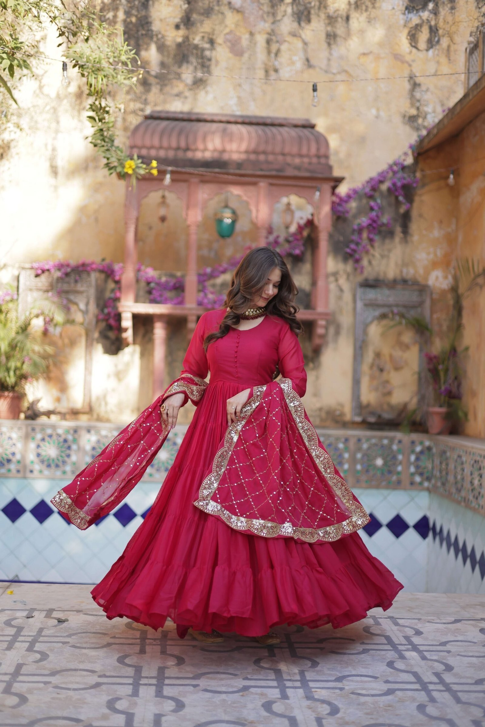 Pink Star Georgette Fully Flared Gown with Sequins Embroidered Dupatta
