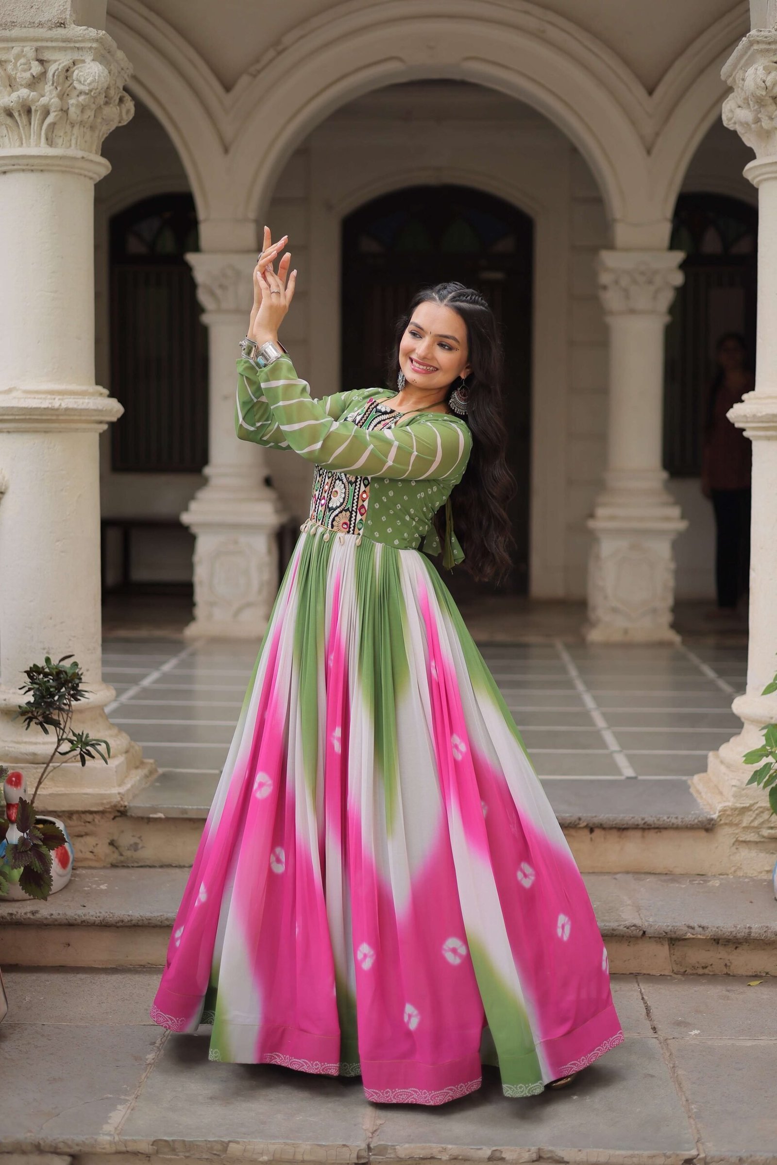 Pista Faux Georgette Bandhej Navratri Gown with Gamthi Embroidery & Mirror Work ? Elegant Ethnic Wear for Women