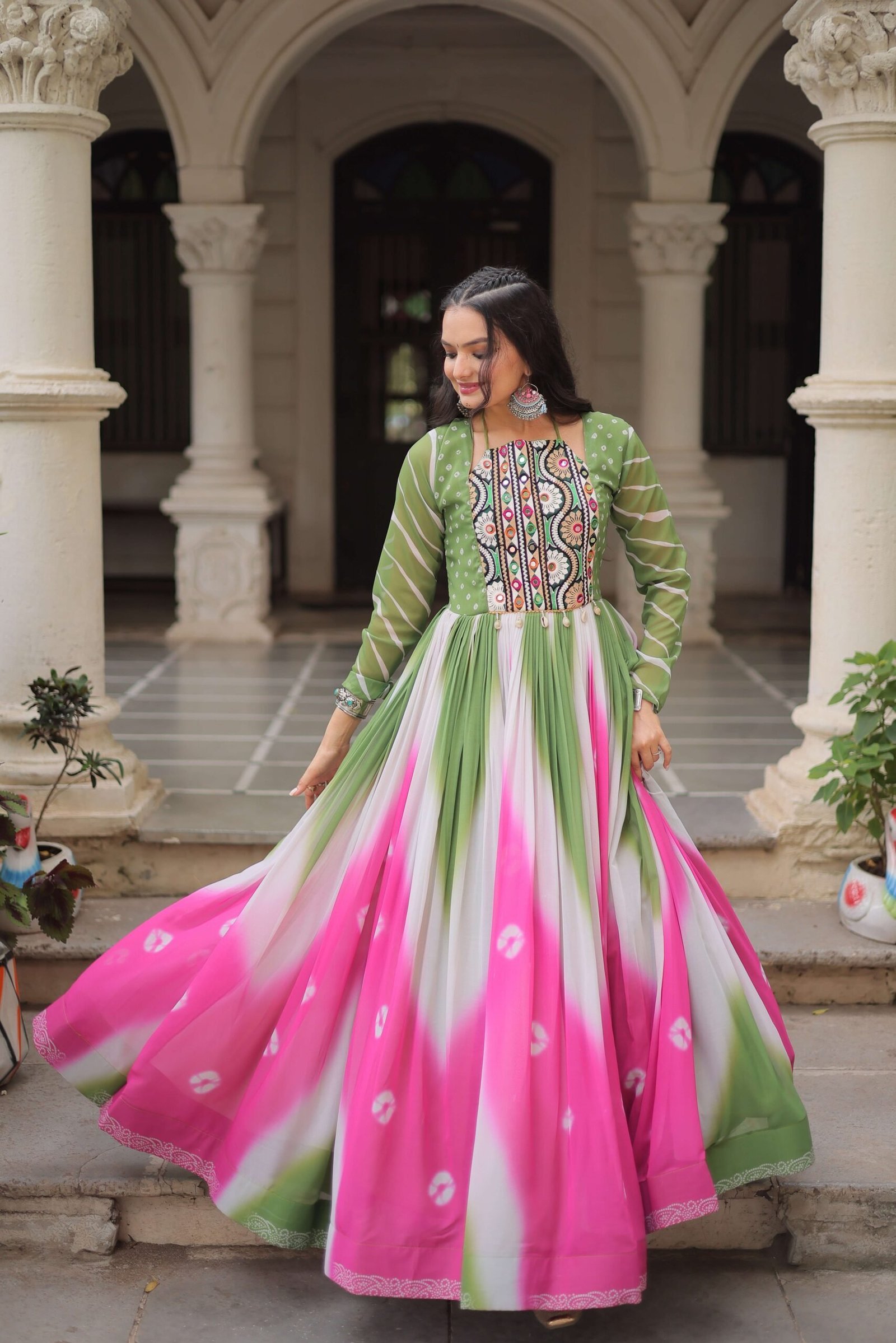 Pista Faux Georgette Bandhej Navratri Gown with Gamthi Embroidery & Mirror Work ? Elegant Ethnic Wear for Women