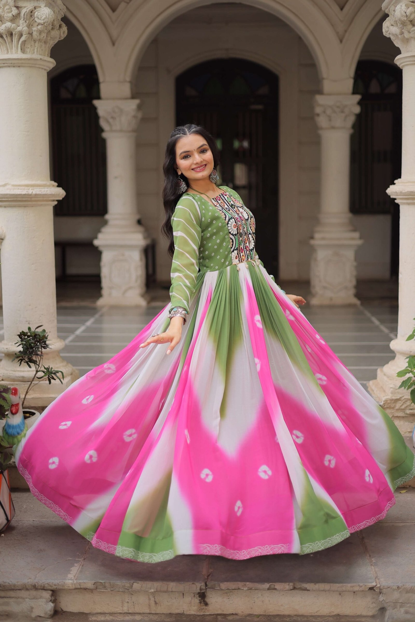 Pista Faux Georgette Bandhej Navratri Gown with Gamthi Embroidery & Mirror Work ? Elegant Ethnic Wear for Women