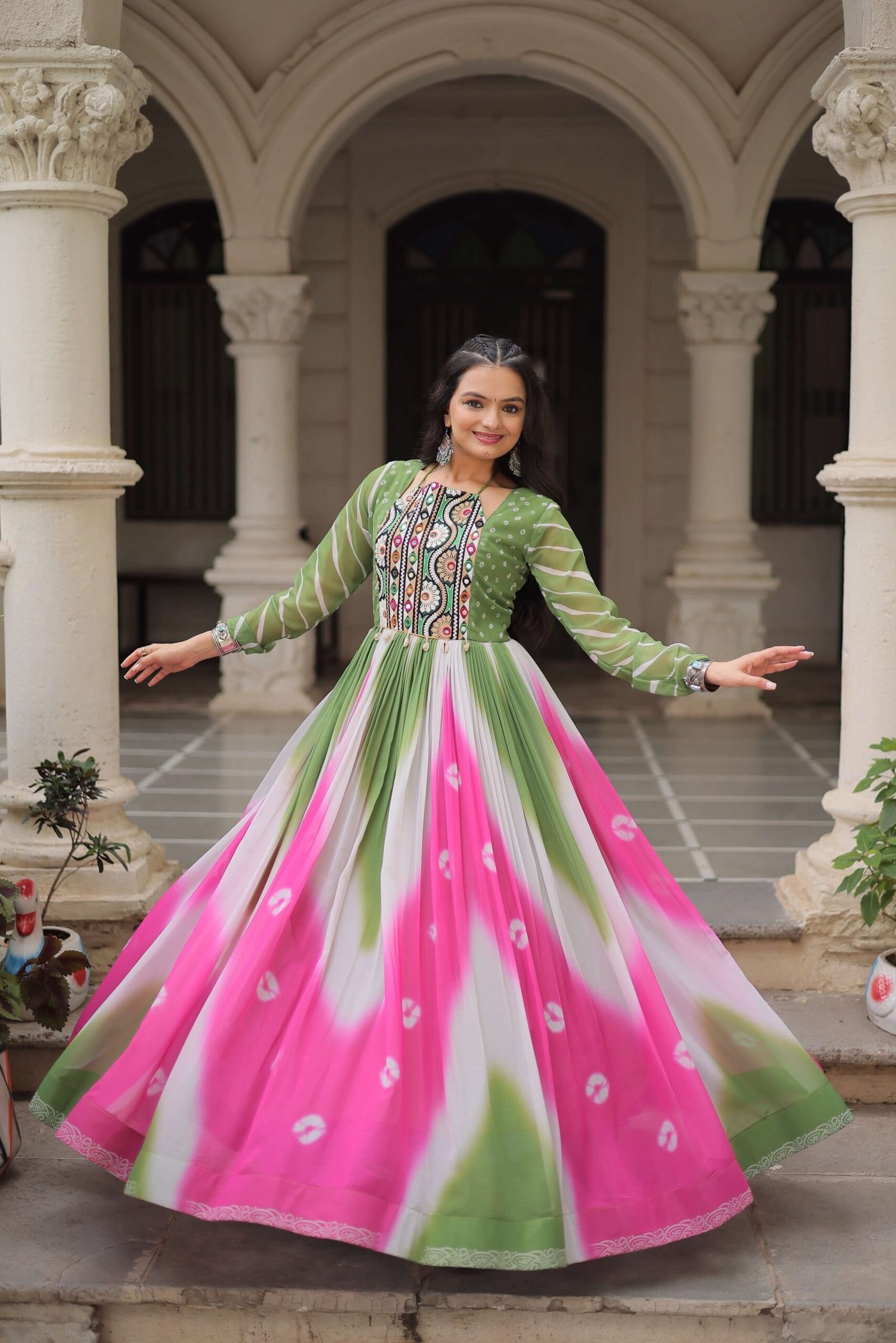 Pista Faux Georgette Bandhej Navratri Gown with Gamthi Embroidery & Mirror Work ? Elegant Ethnic Wear for Women