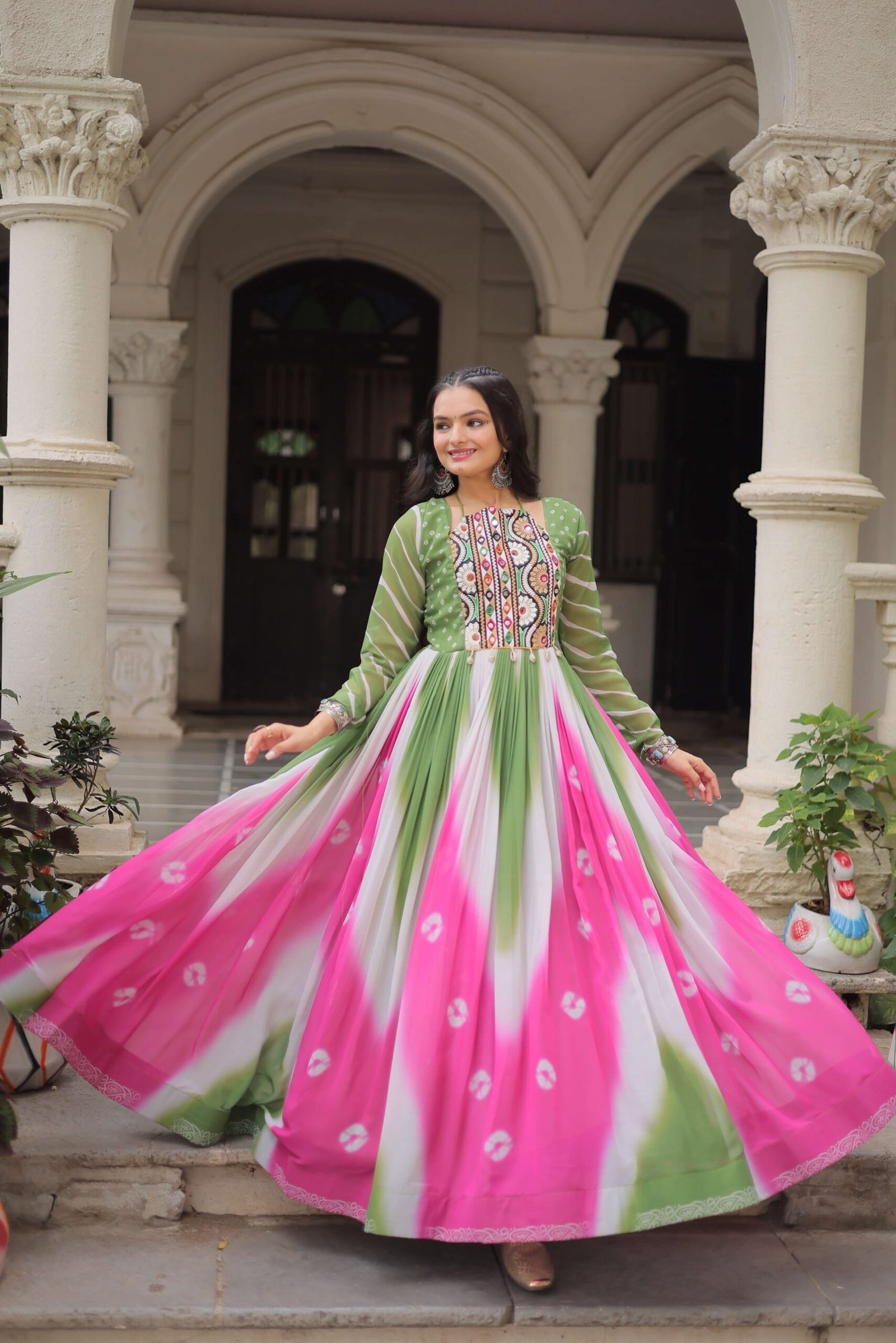 Pista Faux Georgette Bandhej Navratri Gown with Gamthi Embroidery & Mirror Work ? Elegant Ethnic Wear for Women