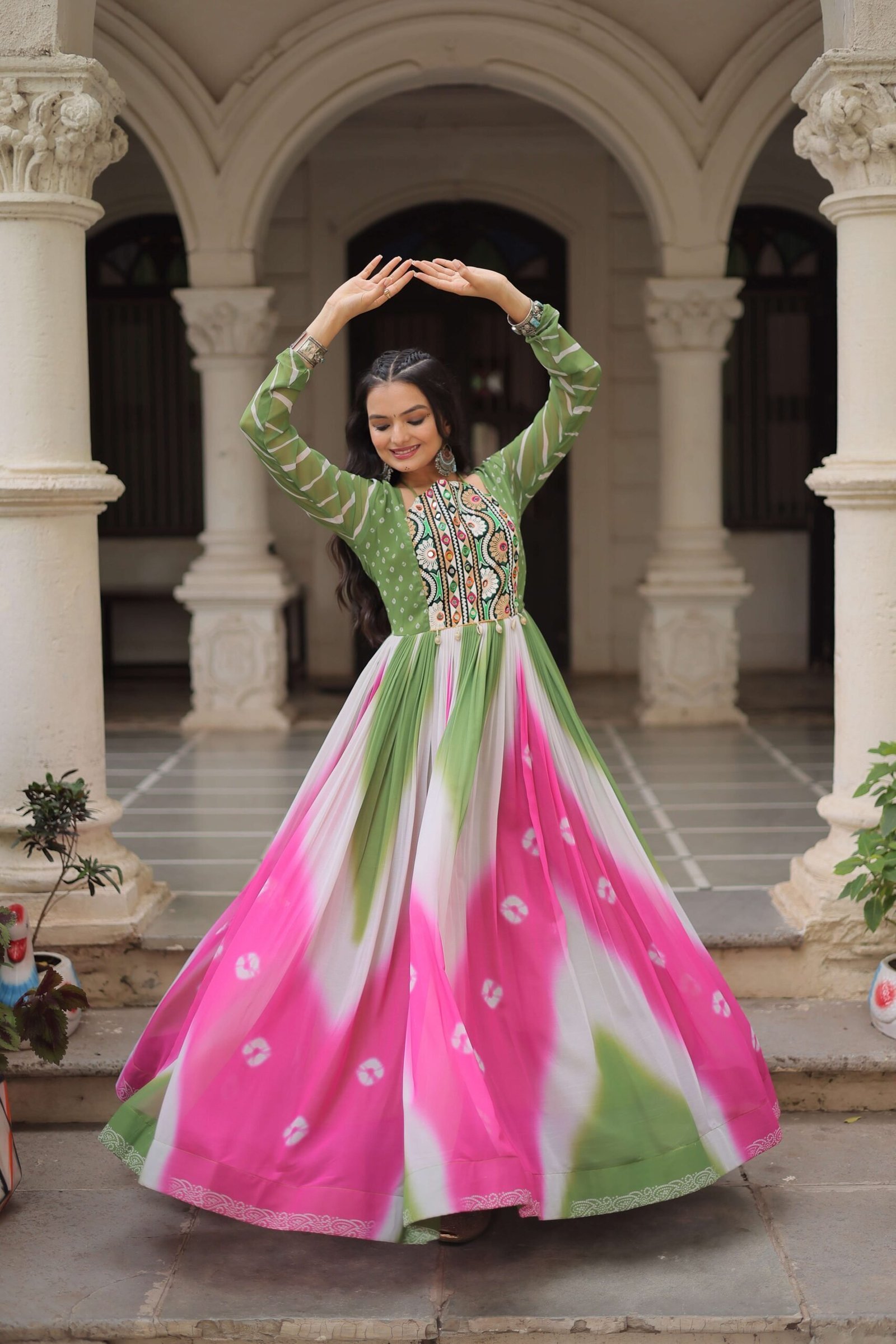 Pista Faux Georgette Bandhej Navratri Gown with Gamthi Embroidery & Mirror Work ? Elegant Ethnic Wear for Women
