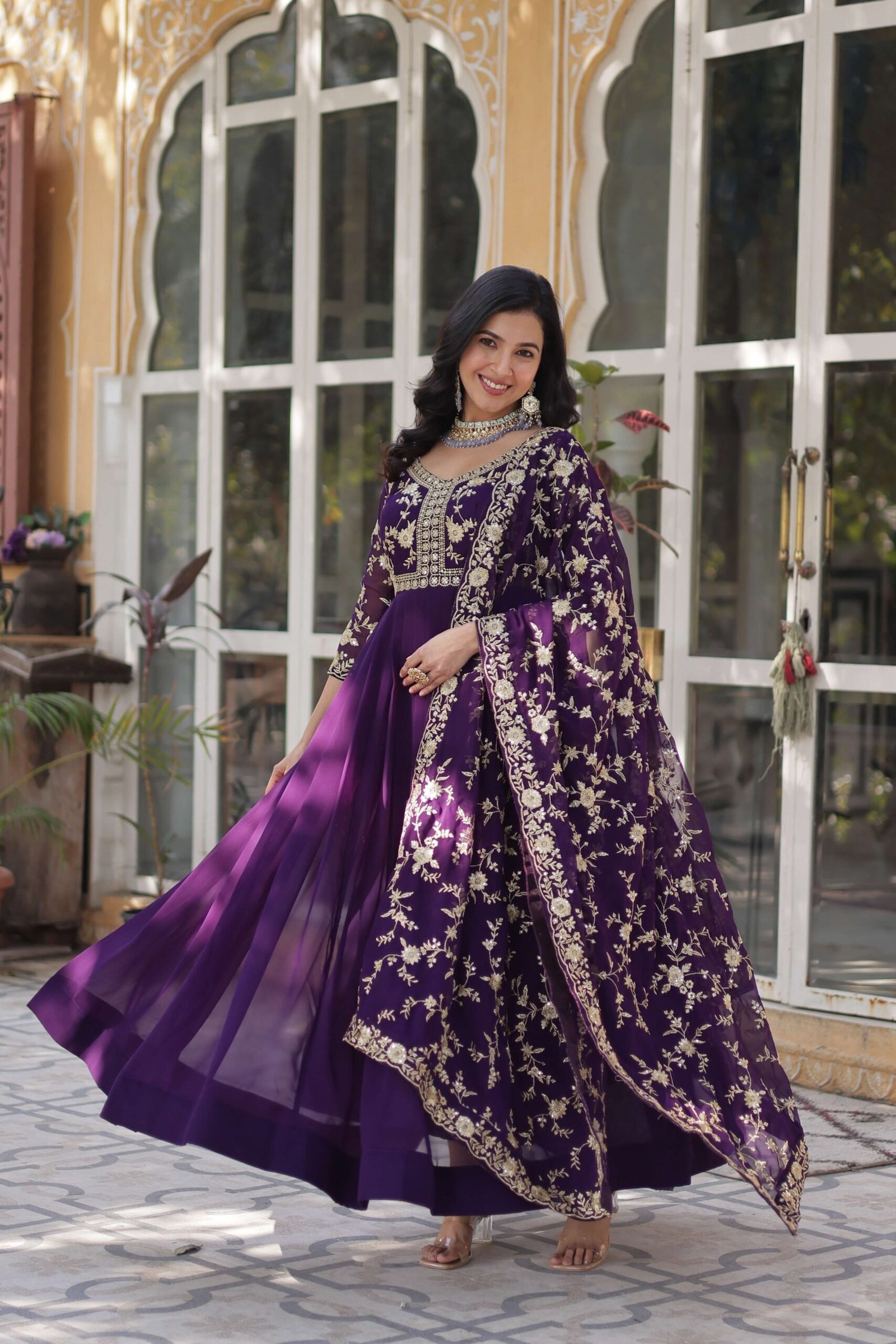 Puple Premium Faux Blooming Embroidered Gown with Dupatta