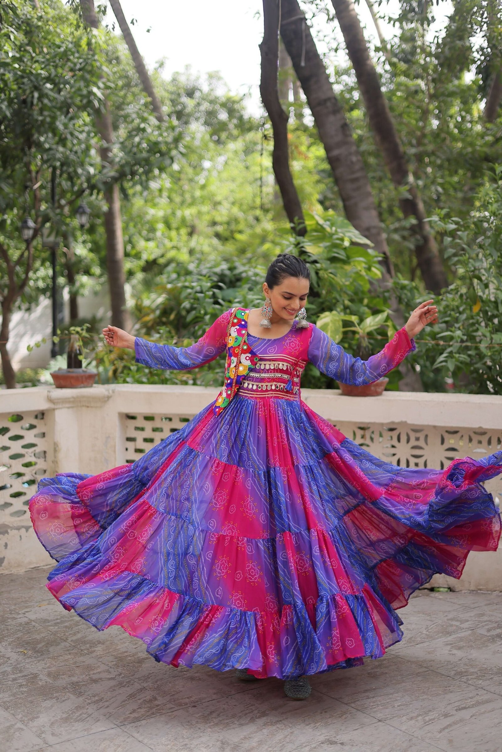 Purple Designer Laheriya & Bandhej Print Navratri Gown with Kutchi Patch Work in Faux Georgette ? Elegant Festive Wear for Women