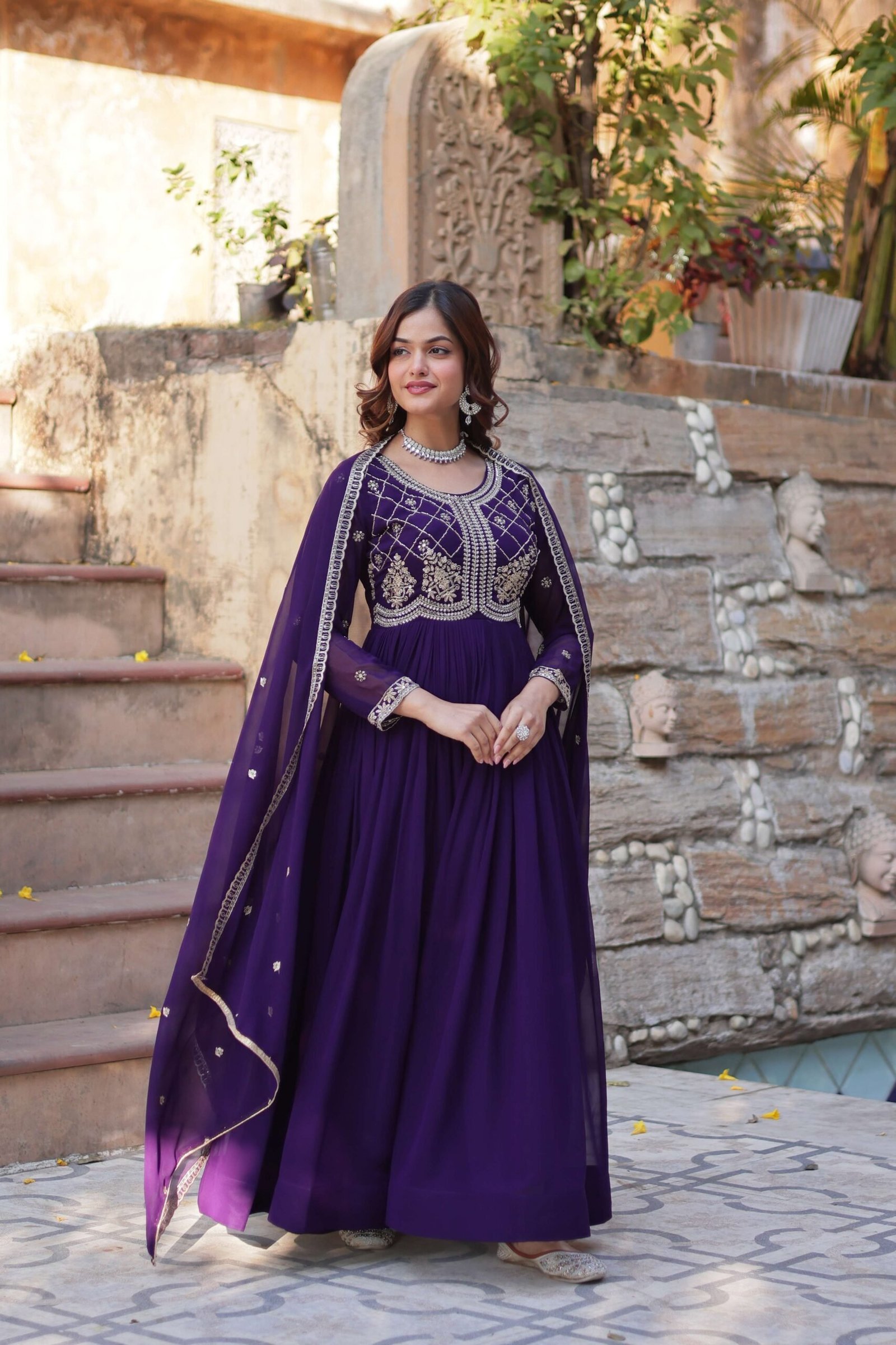Purple Faux Blooming Gown with Sequins & Beads Embroidered Dupatta