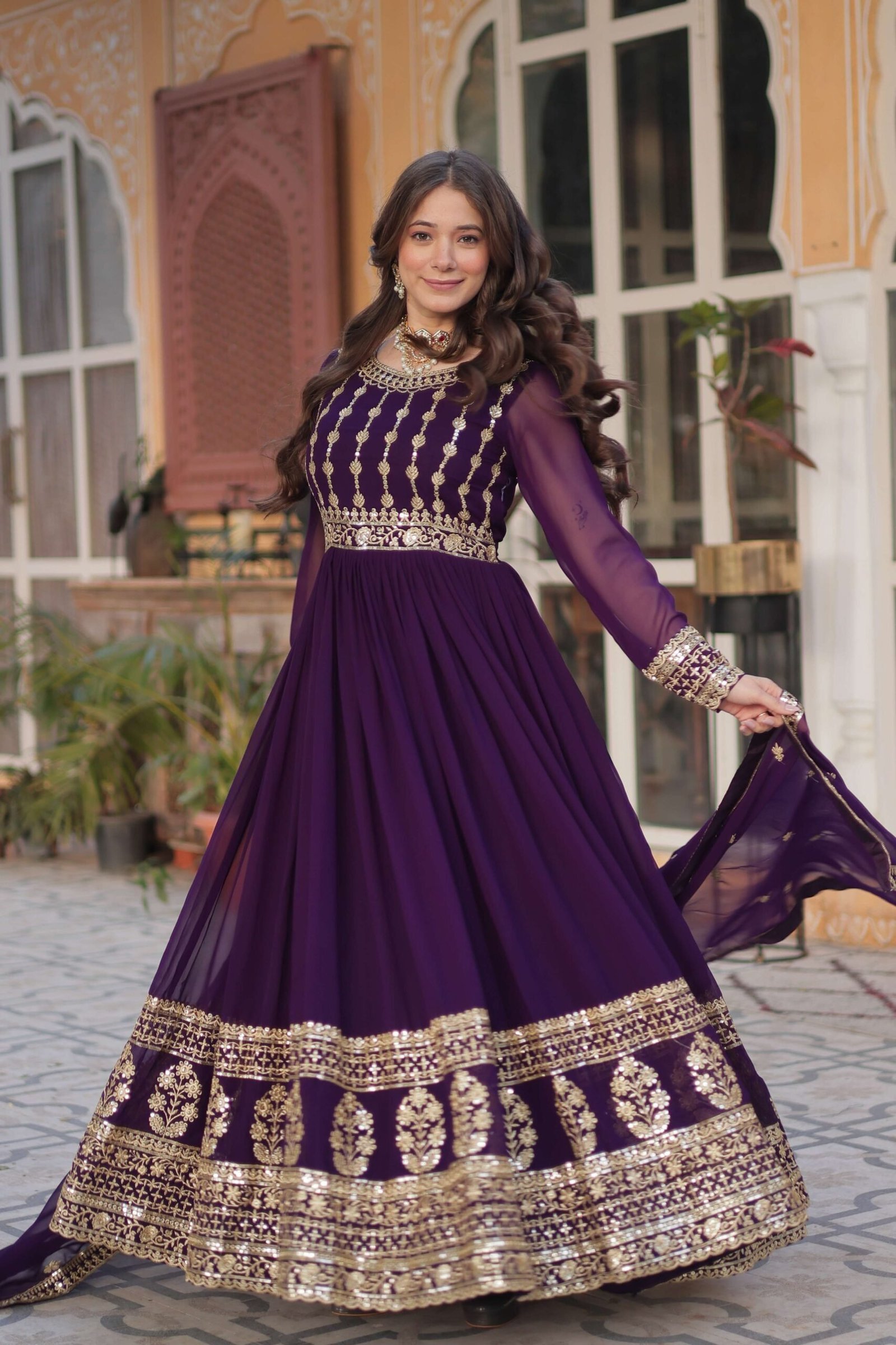 Purple Faux Blooming Gown with Zari & Sequins Embroidered Dupatta with Designer Lace Border